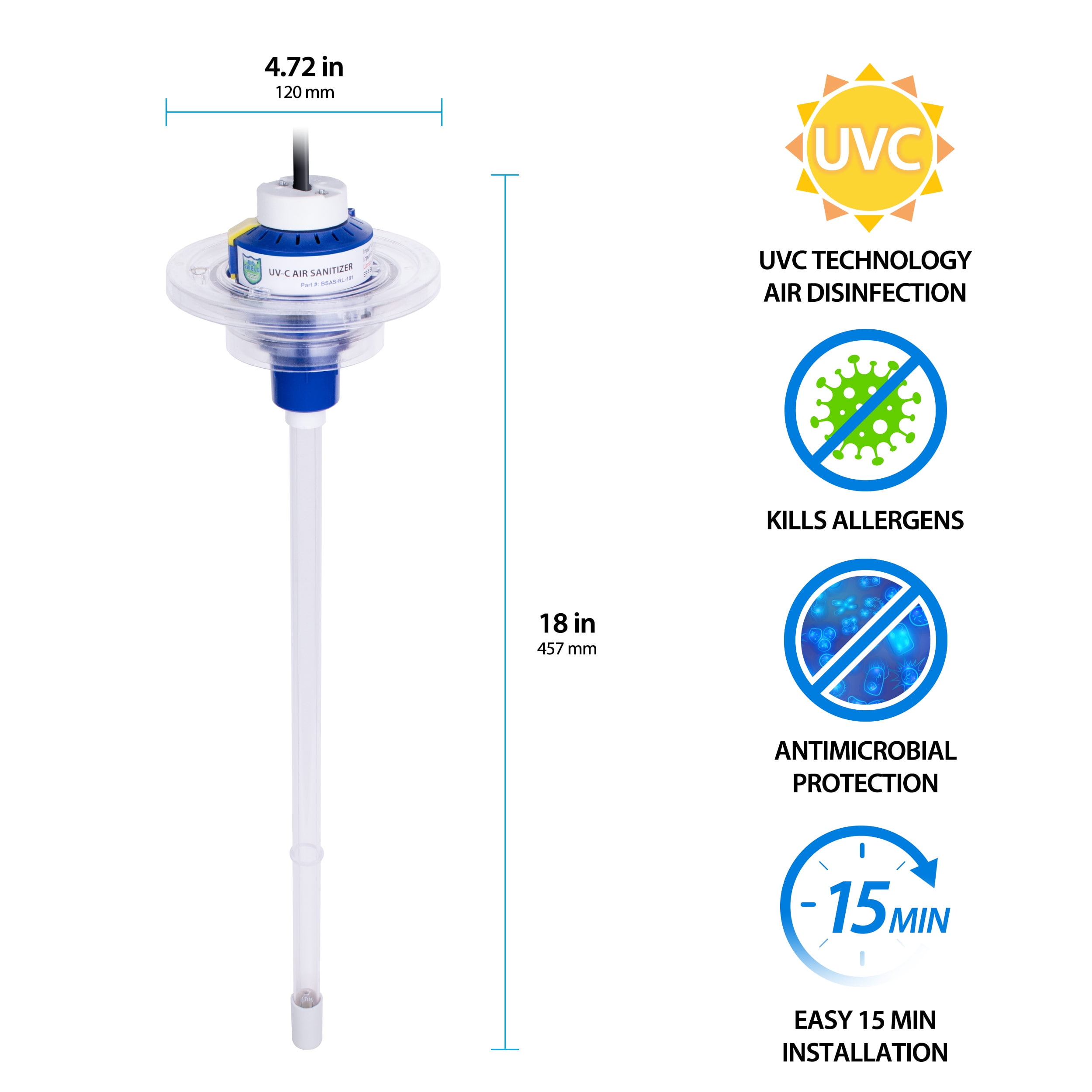 Bio-Shield UV-C Air Sanitizer System for HVAC (Clear, 17 in) xc2ov