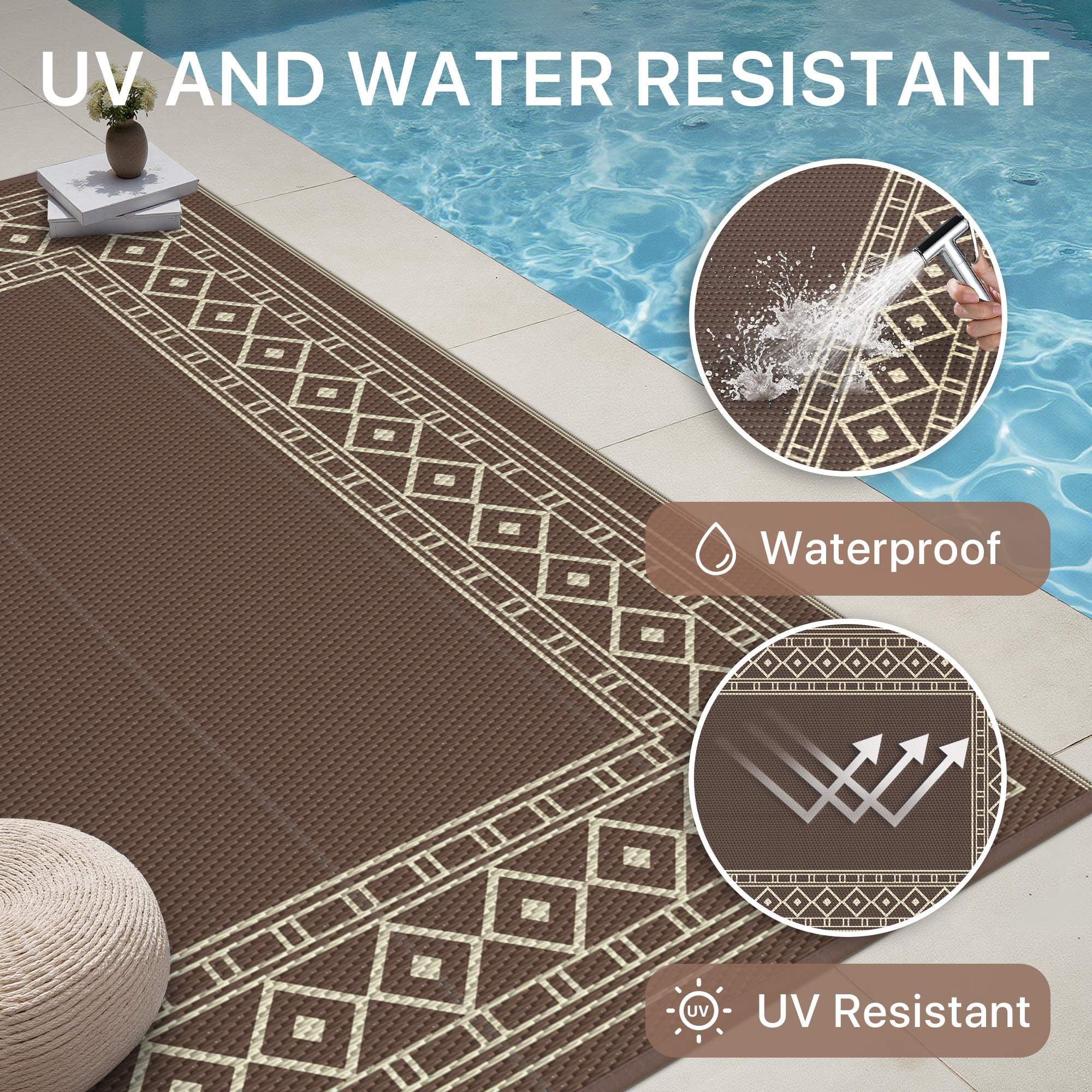 DEORAB Outdoor Rug Waterproof Reversible Patio Mat for Camping and Backyard (Coffee & Brown, 6 ft x 9 ft) ekkm9