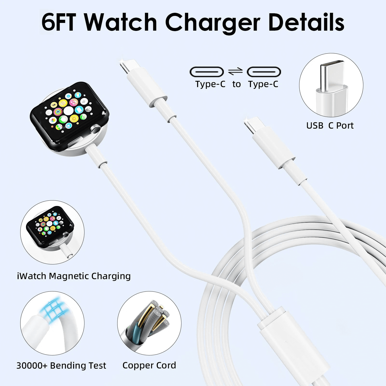 FWJBK 2-in-1 Magnetic Fast Charging Cable and 20W USB-C Wall Adapter Set for Apple Watch and iPhone (White, 6 ft) cin8d