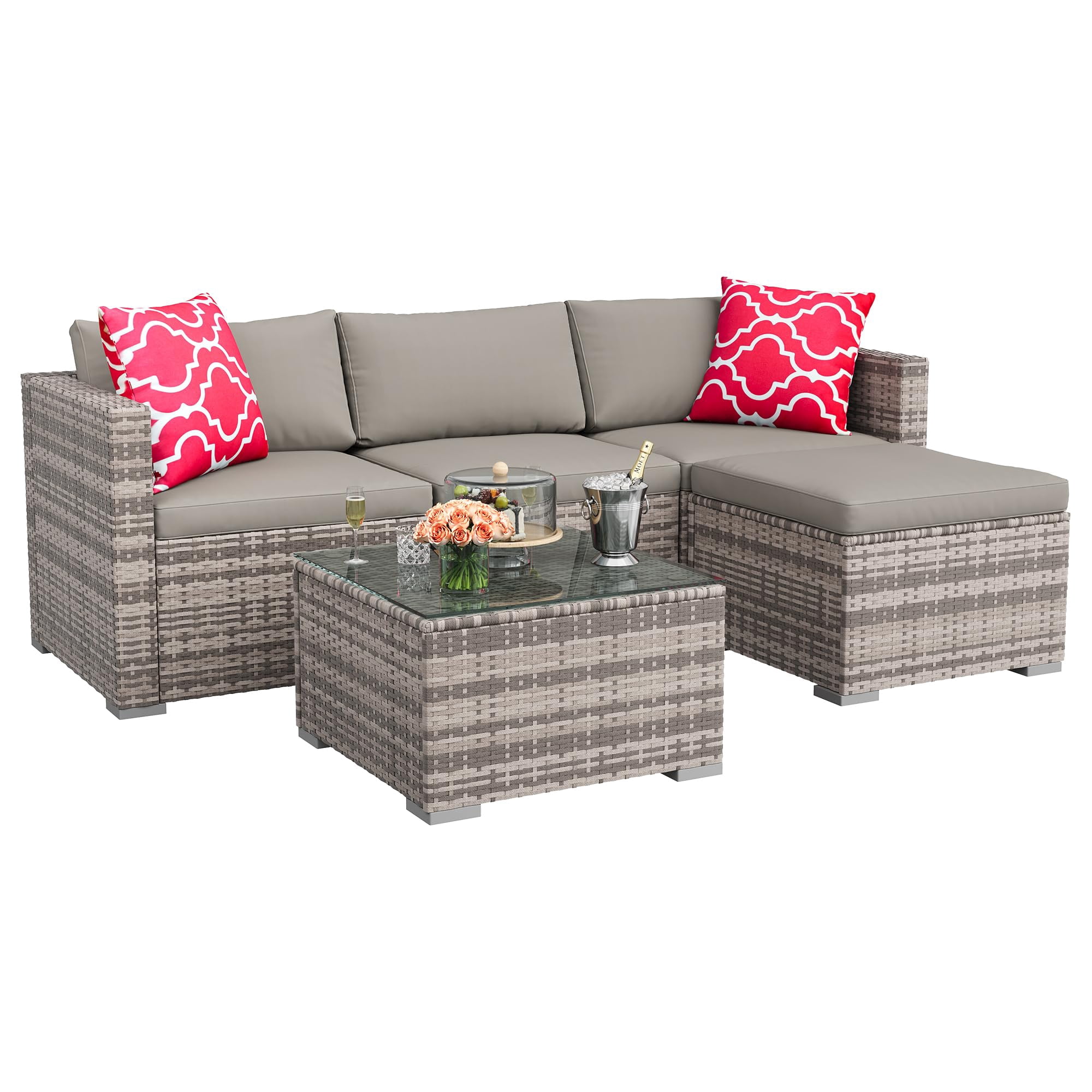 EliteEdge 5-Piece All-Weather PE Rattan Patio Sofa Set, Modular Outdoor Furniture with Tempered Glass Table and Waterproof Cushions (Brown Rattan, Light Grey Cushion, 5-Piece Set) i6xq3