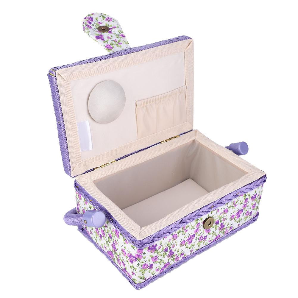 Tebru Sewing Basket Organizer with Handle, Double-Layer Storage Box for Thread and Needle (Purple Flower, 12 in x 9 in x 6 in) bo8la