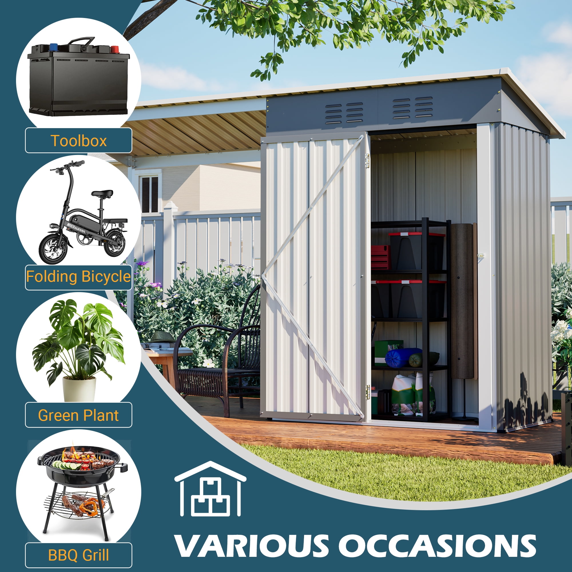 LZBEITEM Outdoor Storage Shed with Attached Hardtop Pergola, Weather-Resistant Metal Tool Shed (Grey, 5 ft x 3 ft) 9edkc