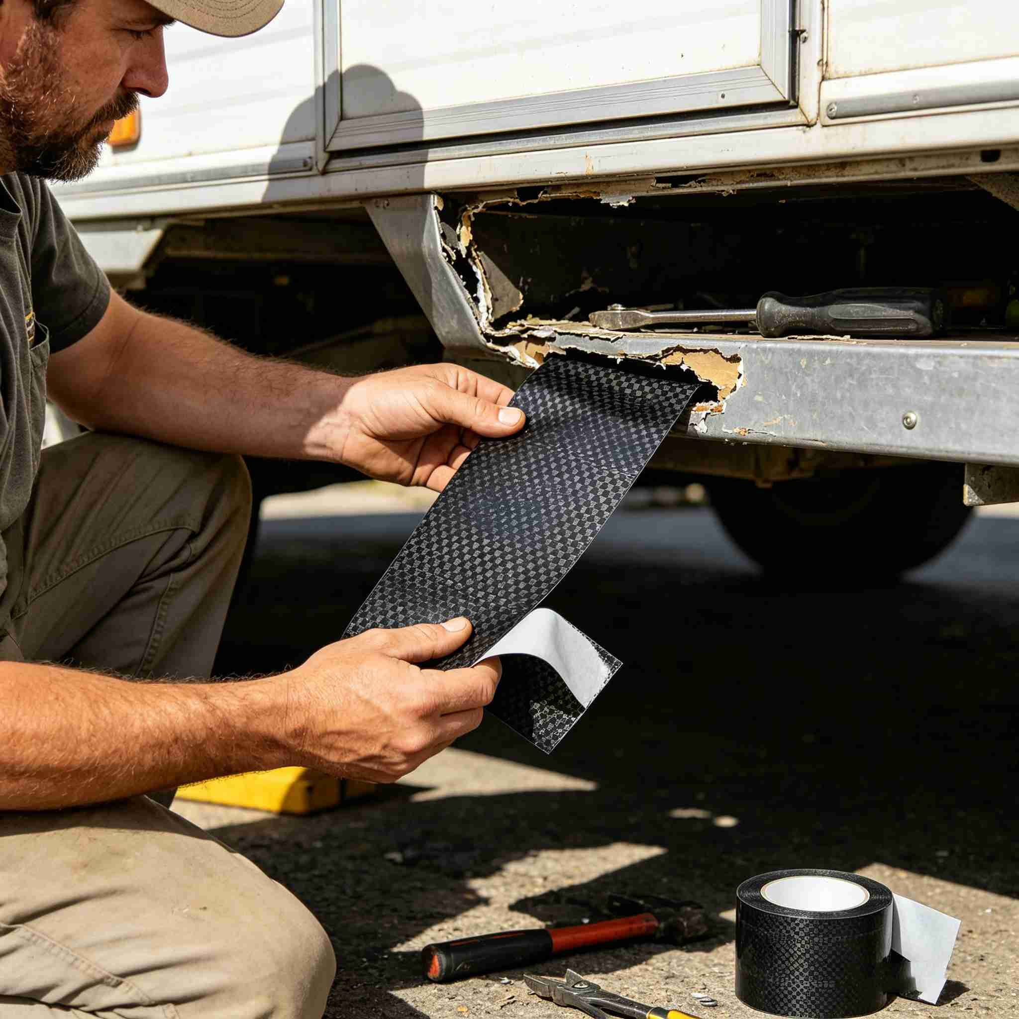 MODANU RV Underbelly Repair Tape, Heavy-Duty Waterproof Fabric Sealing Patch for Camper and Travel Trailer (Black, 4 in x 19.69 ft) t937b