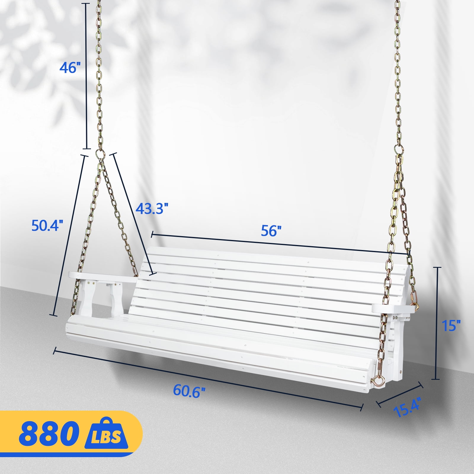 Zimtown Wooden Porch Swing Bench, Heavy-Duty Outdoor Hanging Chair with Chains (White, 5 ft) bi4zv