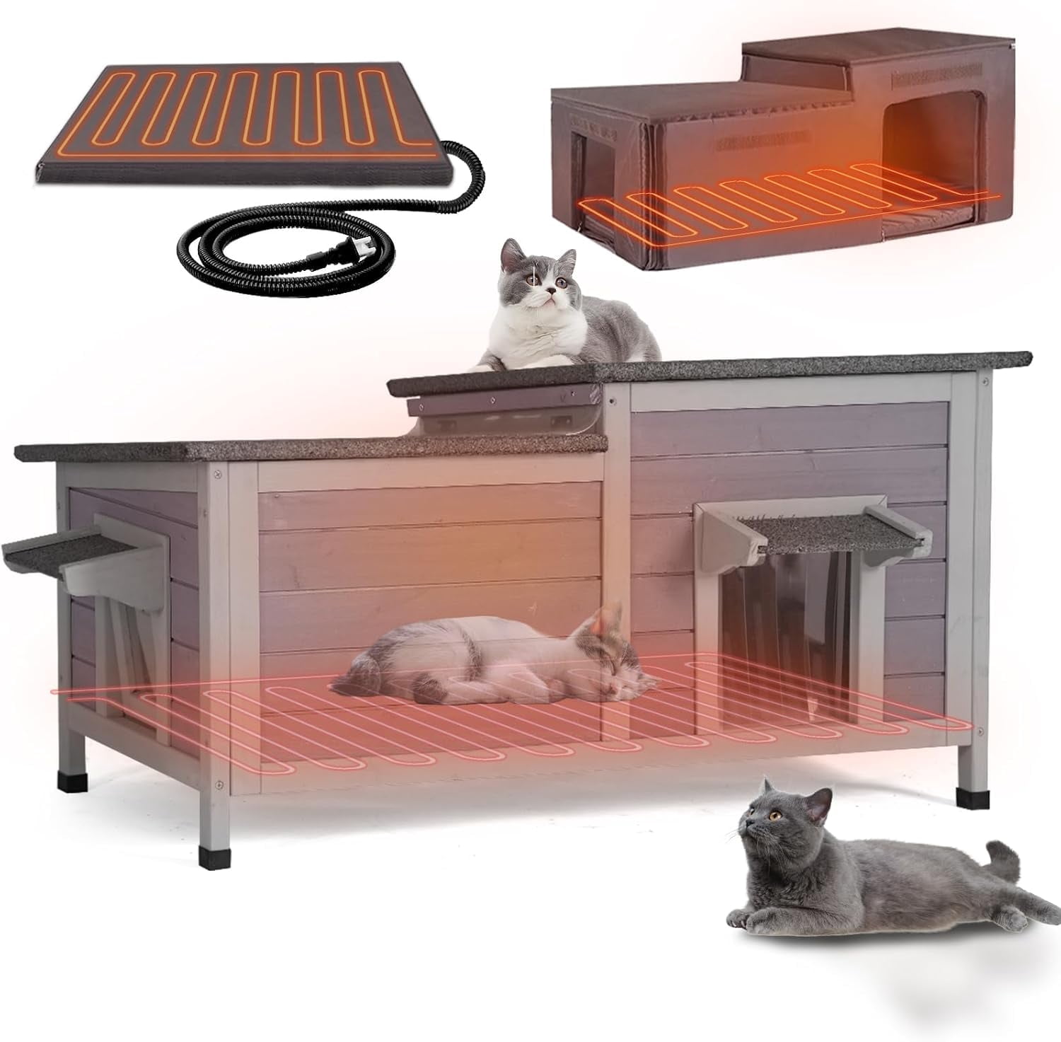 Aivituvin Heated Outdoor Cat House, Weatherproof Insulated Shelter for Feral Cats (Grey, Large) 5ypby
