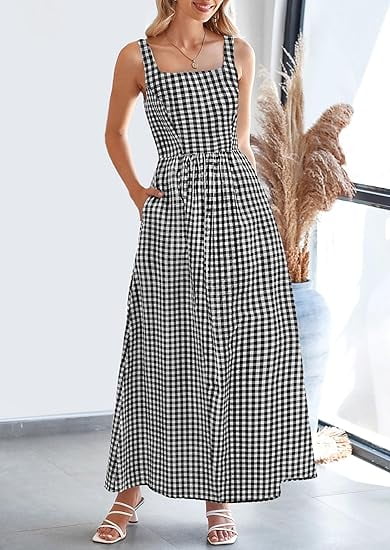 PRETTYGARDEN Women's Summer Spaghetti Strap Maxi Dress Plaid Square Neck A-Line Casual Beach Sundress (Black, XL) 7gk0j