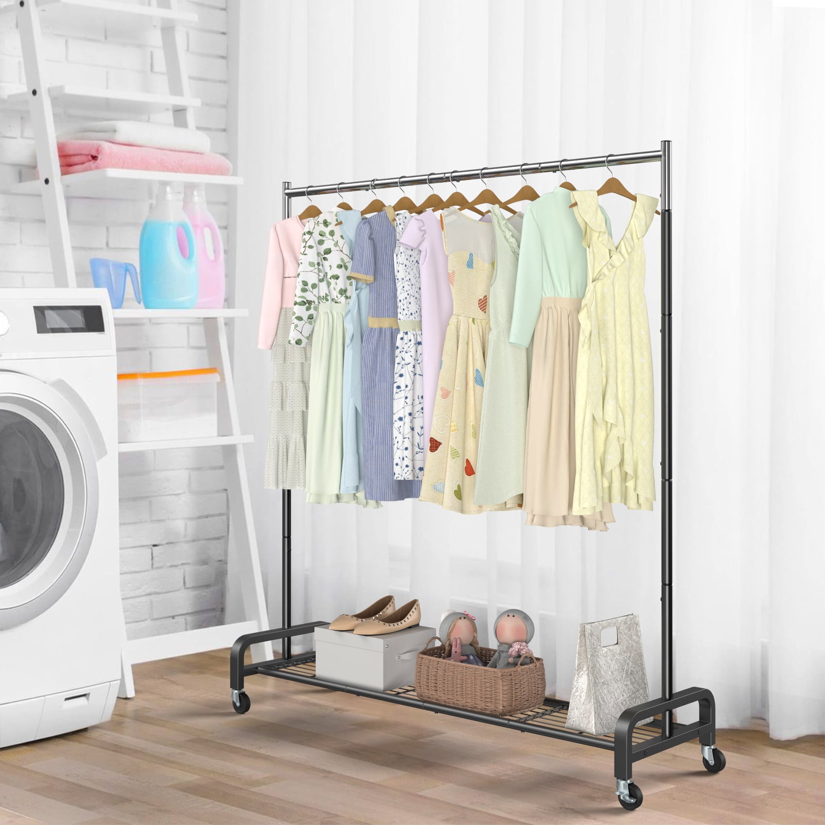 Mr IRONSTONE Heavy Duty Rolling Clothes Rack with Shelves, Portable Garment Organizer (Black, 400 lb) 47hdr