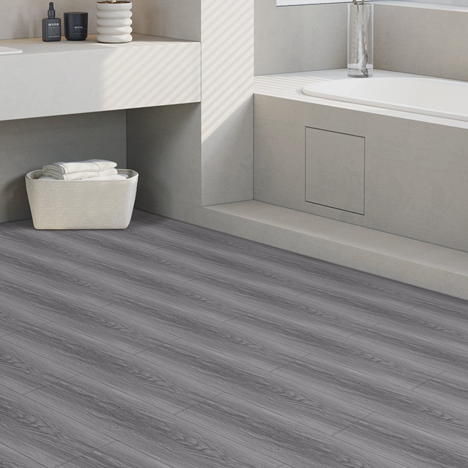 UMIGGEE Peel and Stick Vinyl Flooring Wood Look Tiles (Grey, 10 Pieces/Pack, 36 in x 6 in) 0rg86