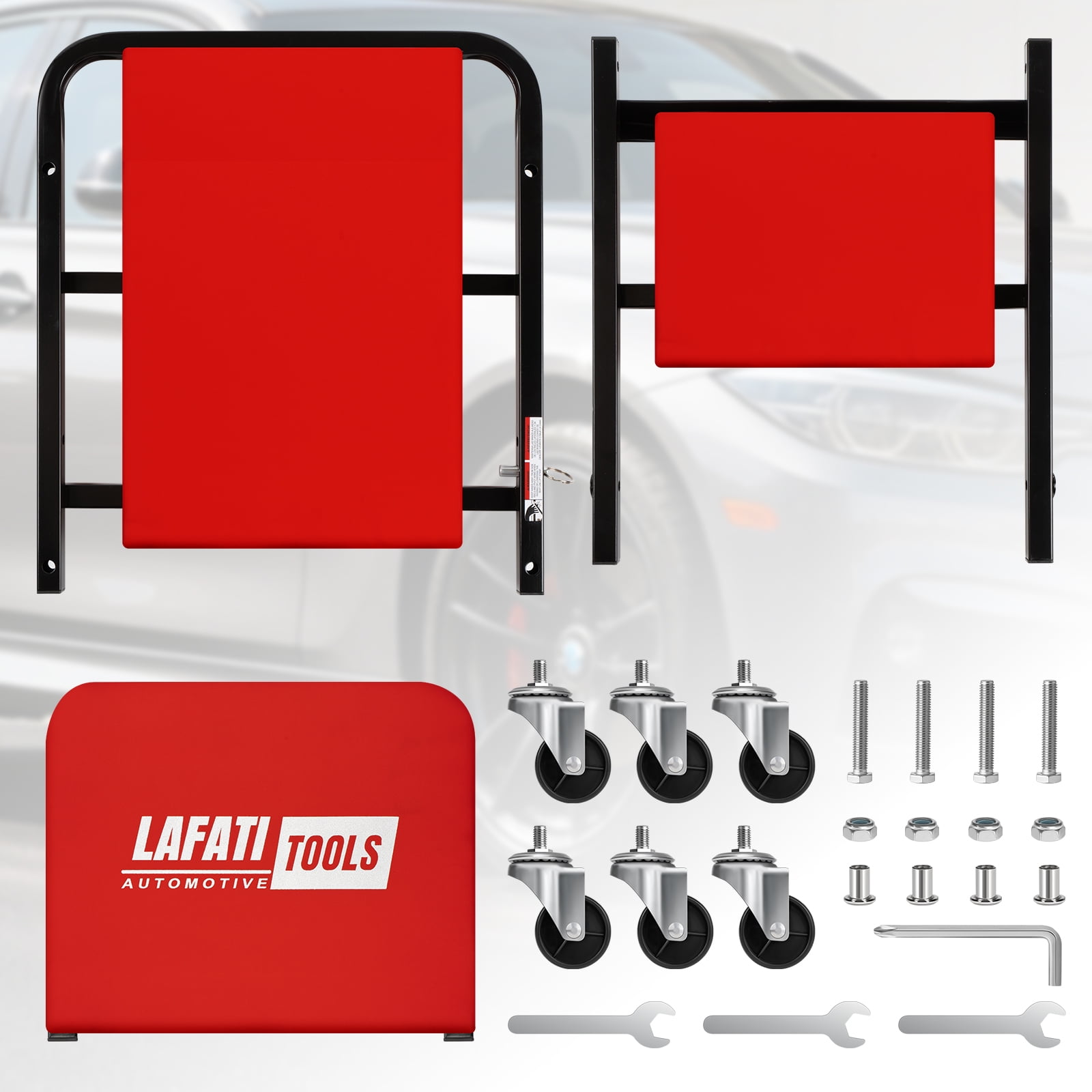 Lafati 2-in-1 Foldable Mechanic Creeper and Rolling Work Stool, Heavy-Duty Steel Frame with 6 Smooth-Rolling Casters (Red, 36 in) i28yv