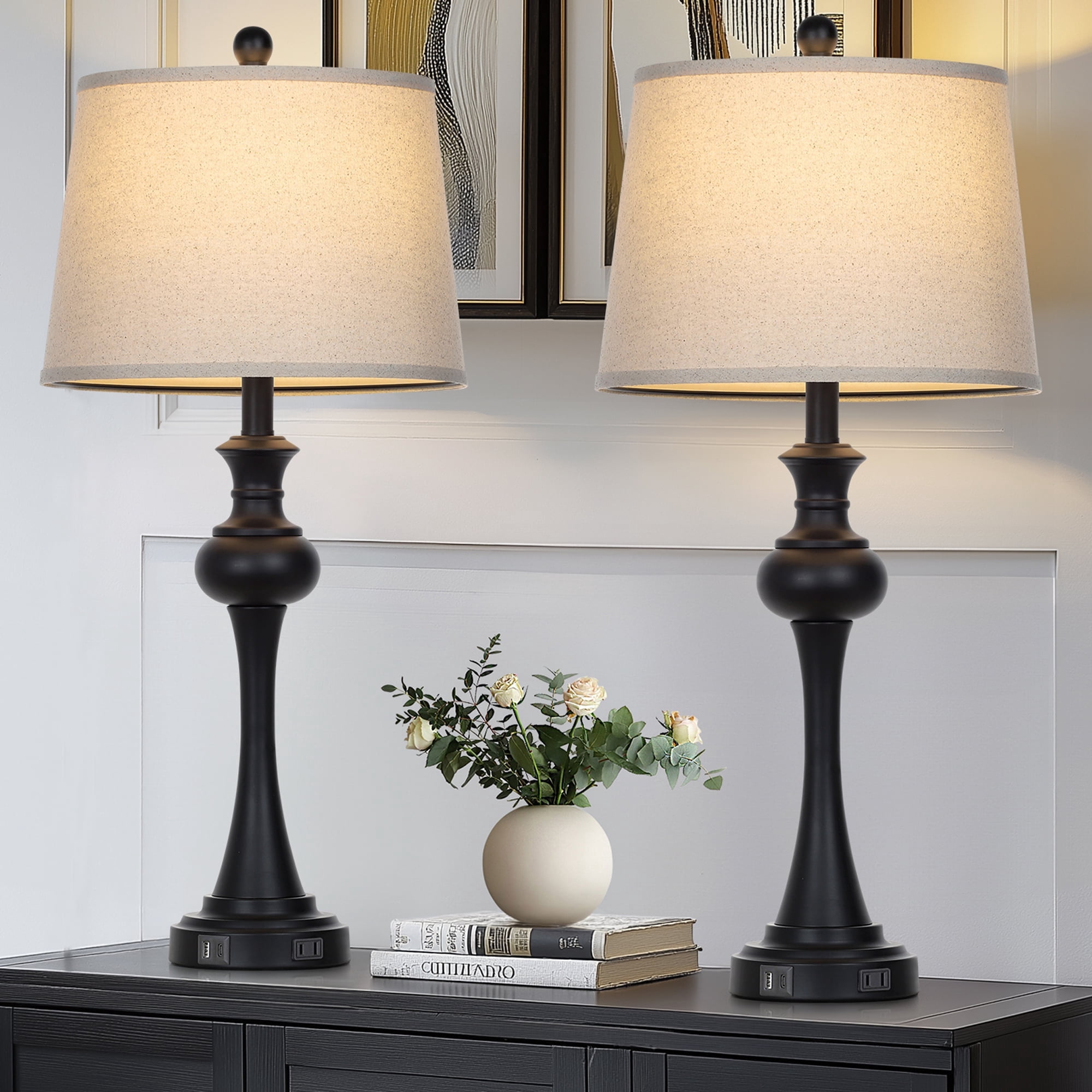 Cinkeda 3-Way Dimmable Industrial Table Lamp Set (28 in, Black, Set of 2) vx737