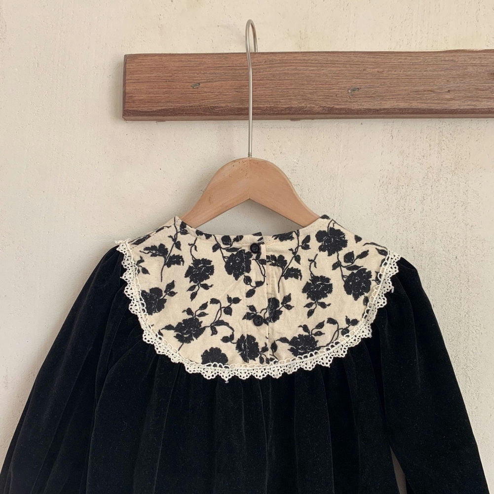 Godderr Girls Velvet Princess Dress Long Sleeve Lace Crewneck Party Dress (Black, 9 Months to 5 Years) 3gmqg