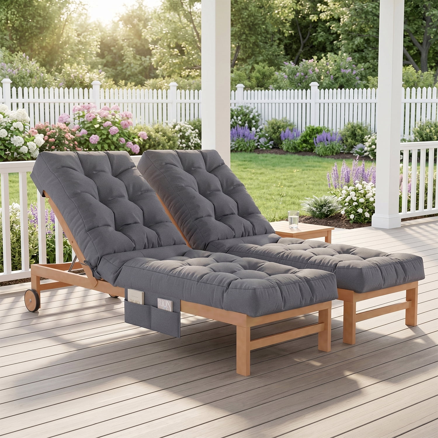BaPiPro Outdoor Chaise Lounge Cushion with Side Pocket and Non-Slip Fixation (Gray, 2-Pack) plspn