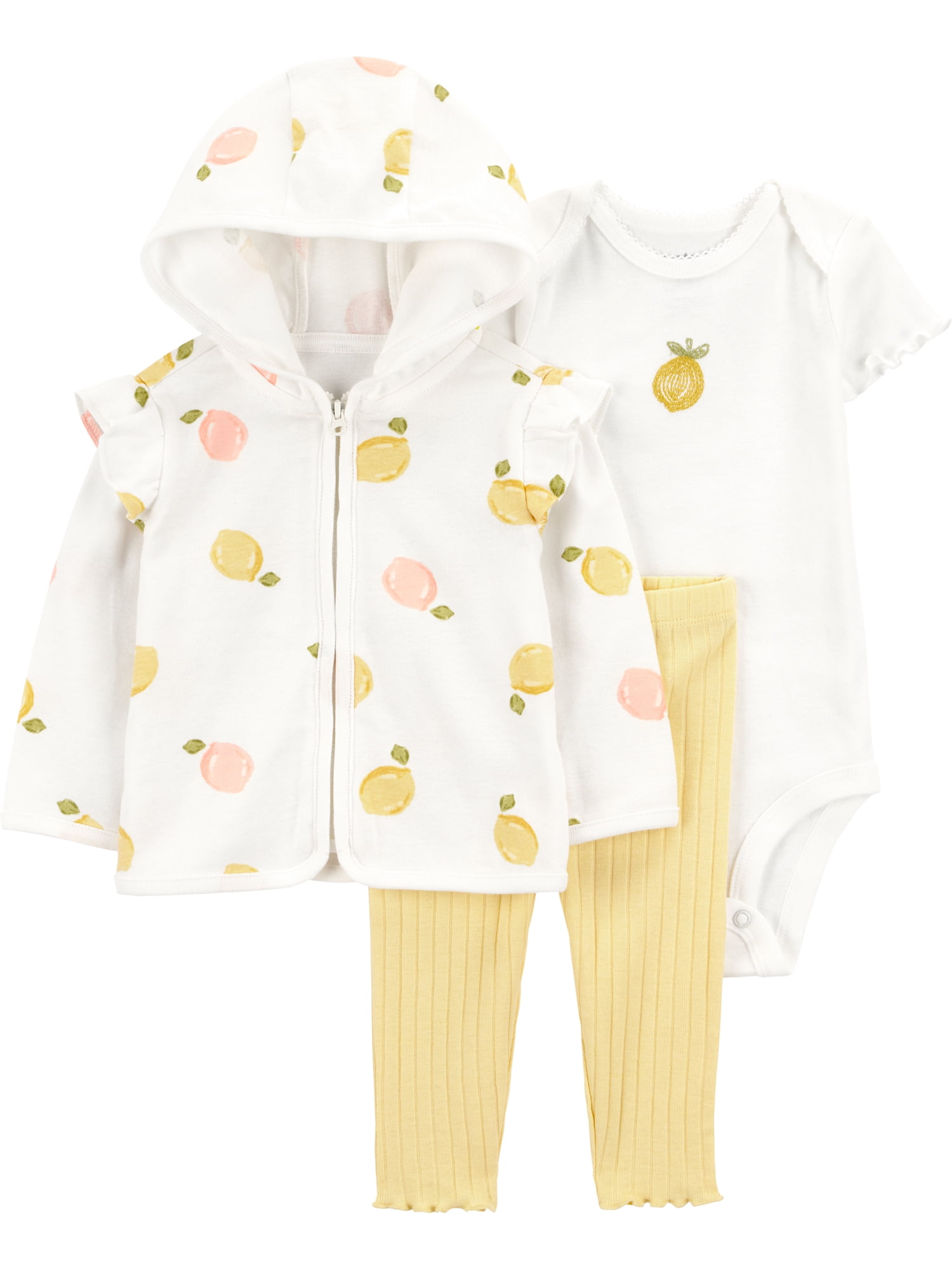 Carter's Child of Mine Baby Girl 3-Piece Lemon Print Cardigan Outfit Set (Yellow, 0-3 Months) 4mzc7