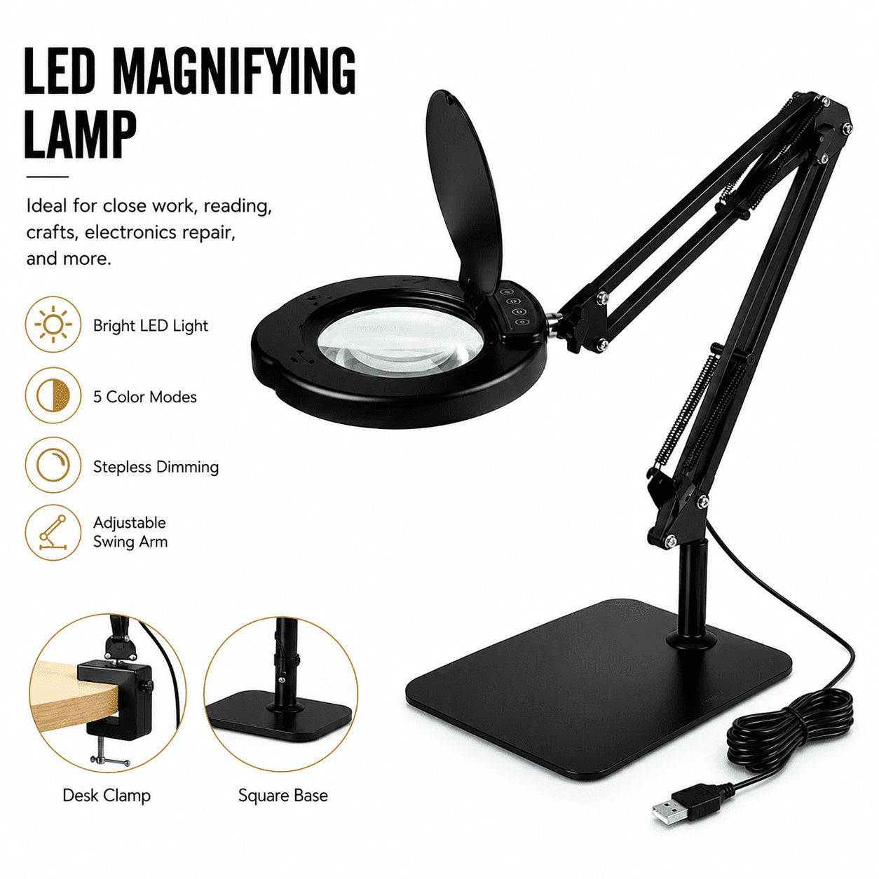 Gefolly LED Magnifying Desk Lamp with Clamp, Adjustable Swing Arm, 5 Color Modes, Stepless Dimmable (Black, 1 Unit) sbqk3