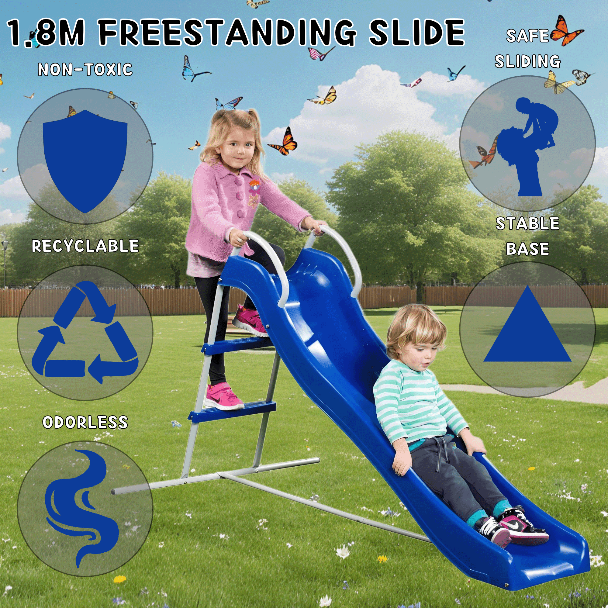 Mersco Kids Freestanding Plastic Slide, Indoor Outdoor Backyard Playset, Durable Weather-Resistant Design (Blue, 71 in) v5kf4