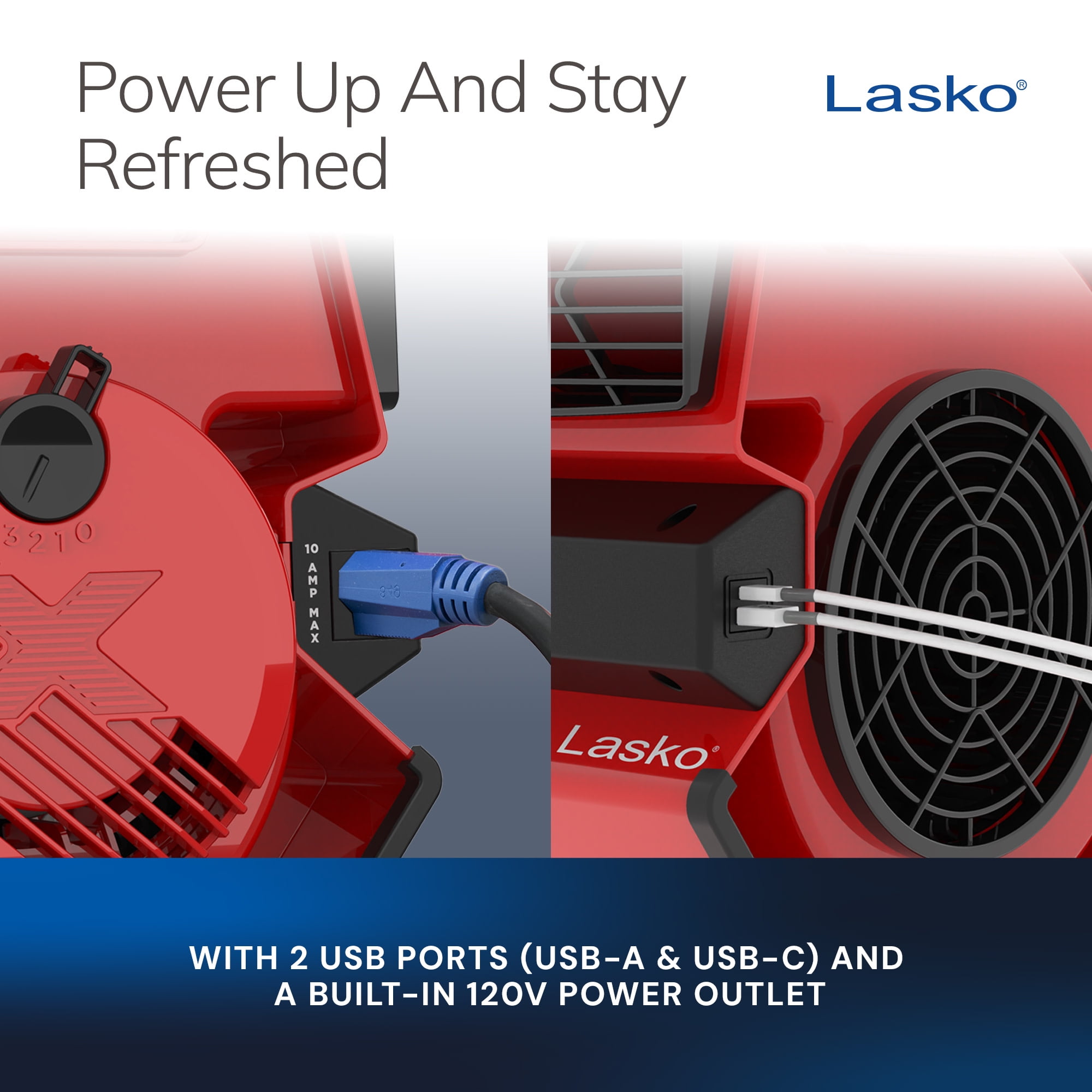 Lasko X-Blower 11 in High Velocity Utility Fan with USB Ports and Power Outlet (Red, 11 in) hkx2j