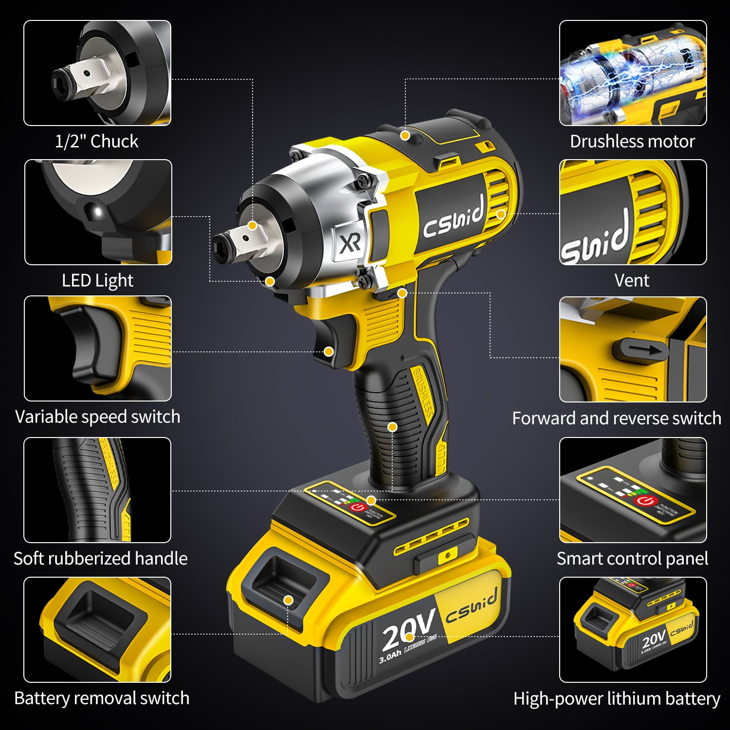 Cshidworld 20V Cordless Impact Wrench (1/2 in, 280 ft-lbs, 2 Batteries, 19-Piece Accessory Set, Yellow) trnh8