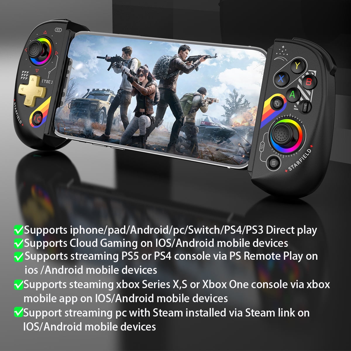 xbuyna Wireless Mobile Gaming Controller for iPhone iPad Android (Black, 10 in) 6576k