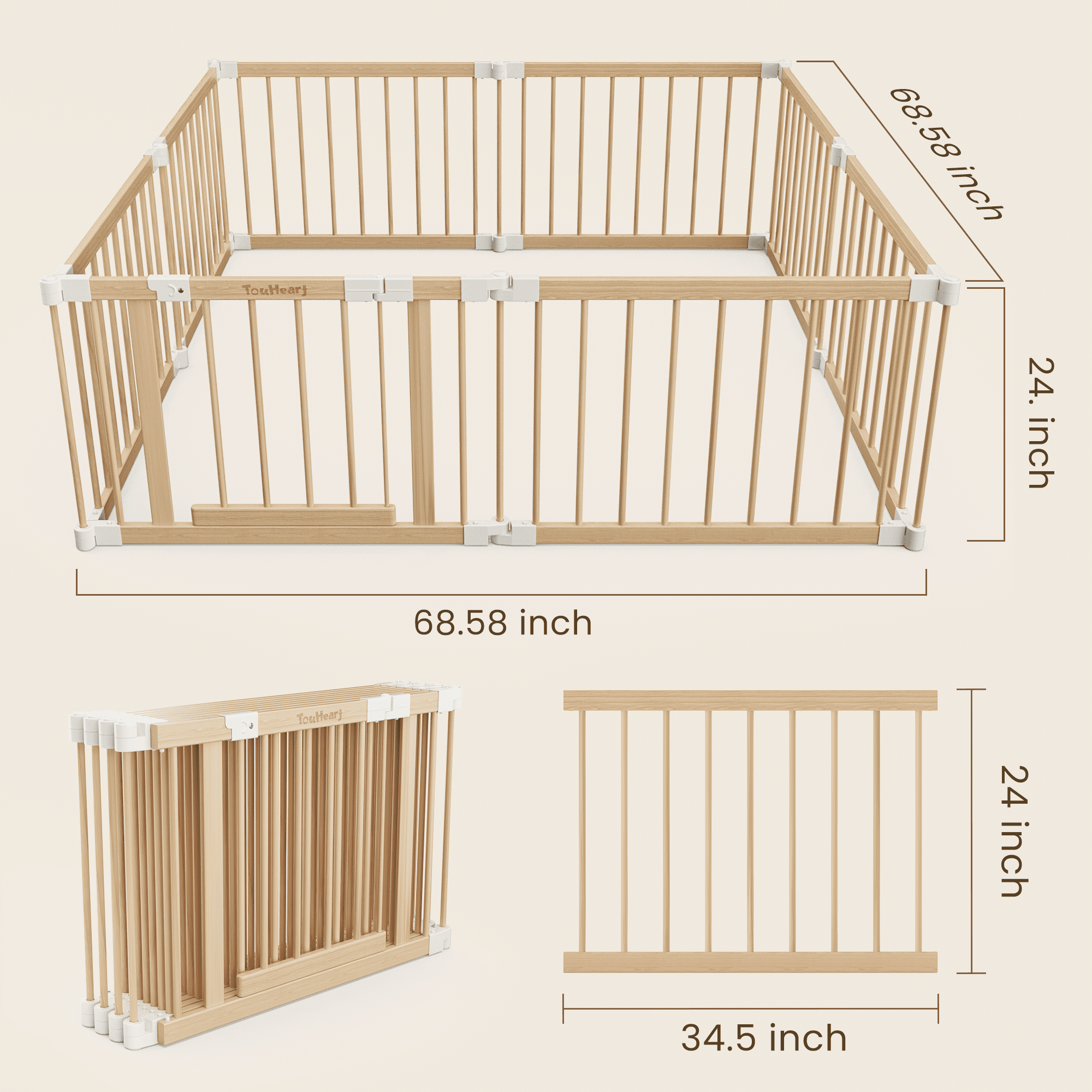 TouHeart Wooden Baby Playpen, Foldable Safety Play Fence with Gate (Natural Wood, 69 in x 69 in x 24 in) gap0x