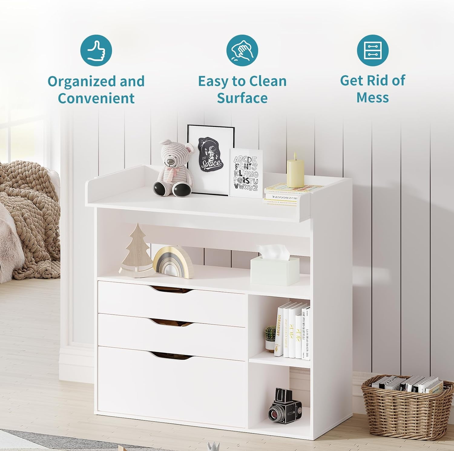 Linor Baby Changing Table Dresser with 3 Drawers and 3 Storage Shelves (White, 34.3 in x 18.5 in x 34.5 in) lfr9j