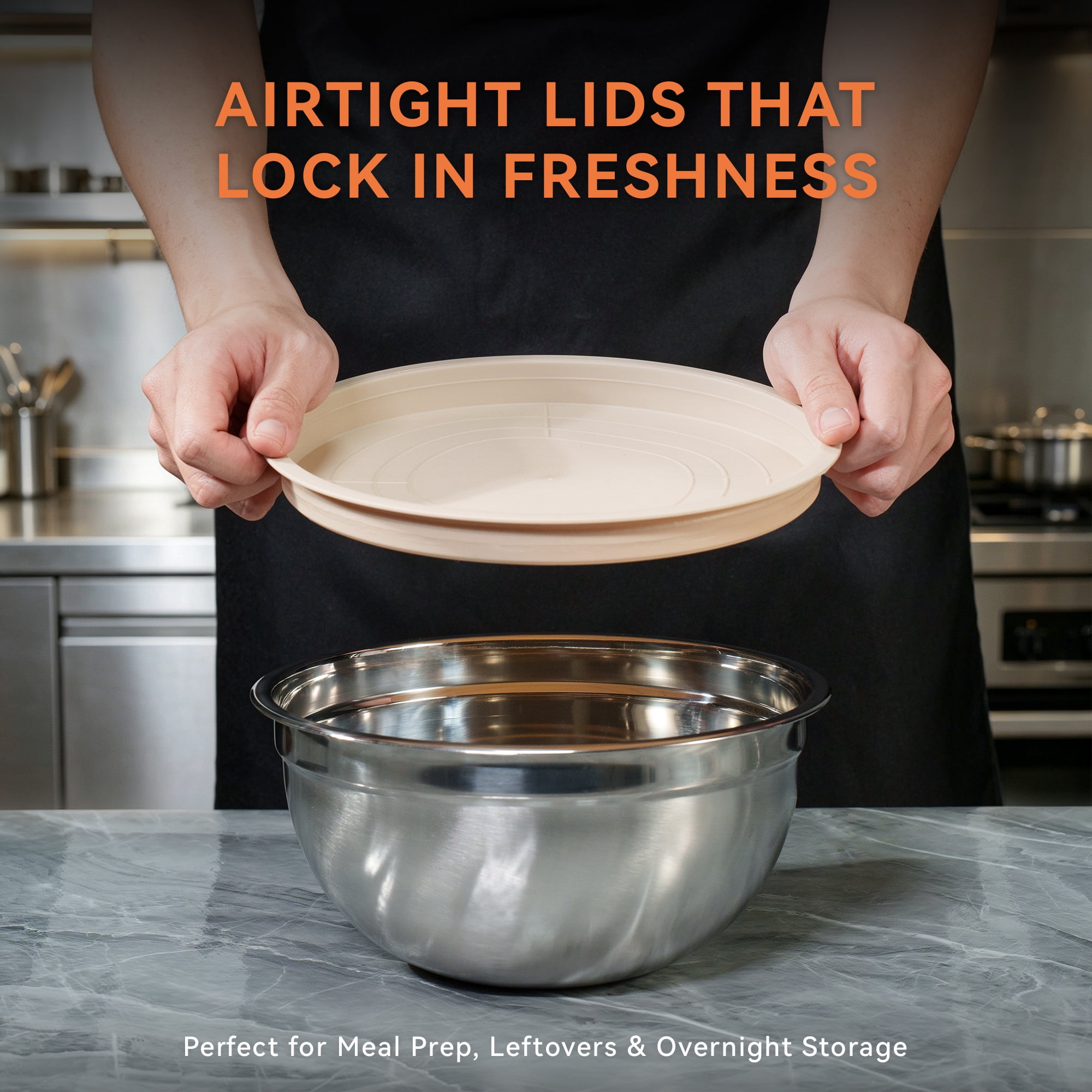NULAS Stainless Steel Mixing Bowl Set with Airtight Lids, Nesting Kitchen Prep Bowls (Beige, 6-Piece Set) tqpq1