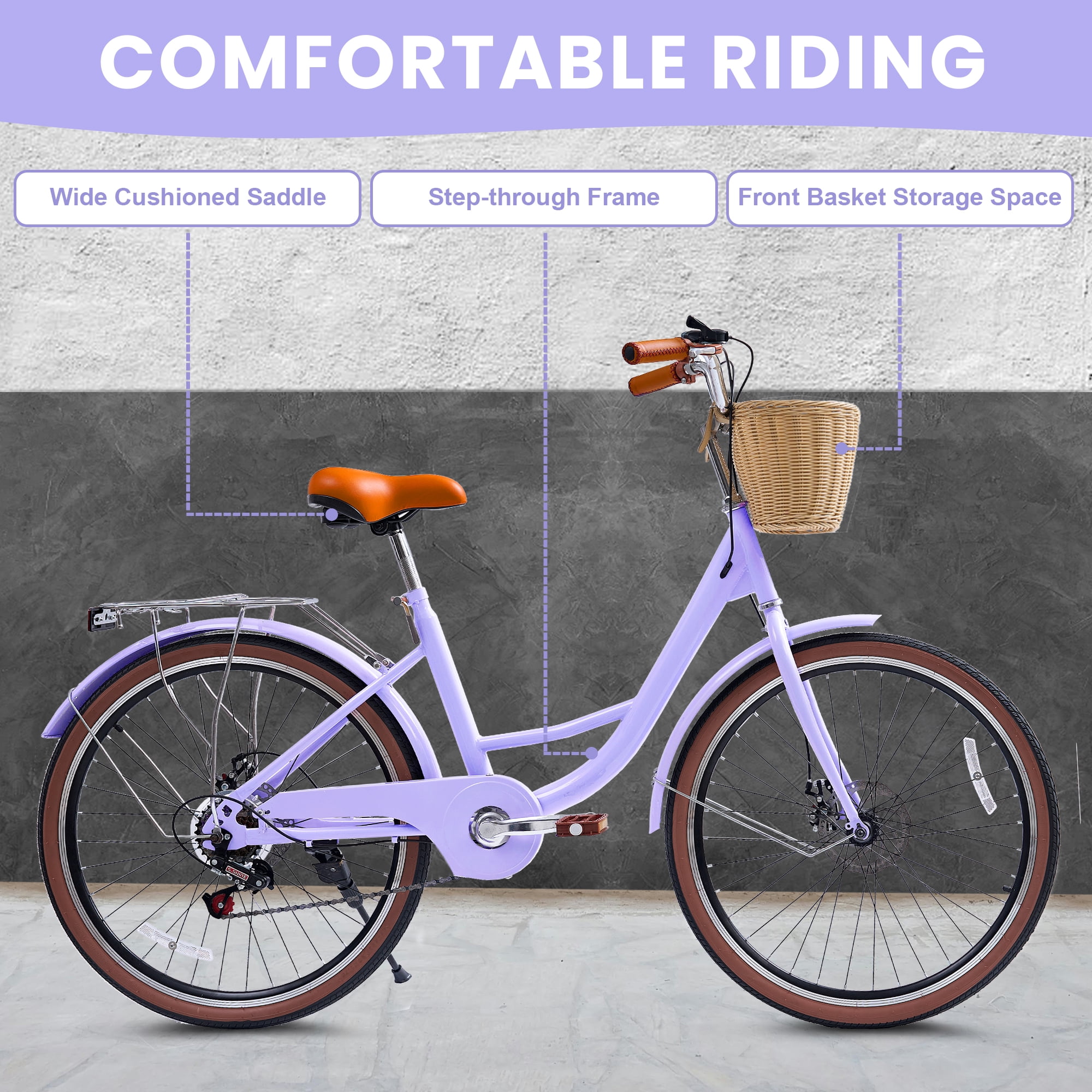 Akaber 24 Inch Beach Cruiser Bike for Women, 7-Speed Commuter Bicycle with Rattan Basket (24 in) wfxv2