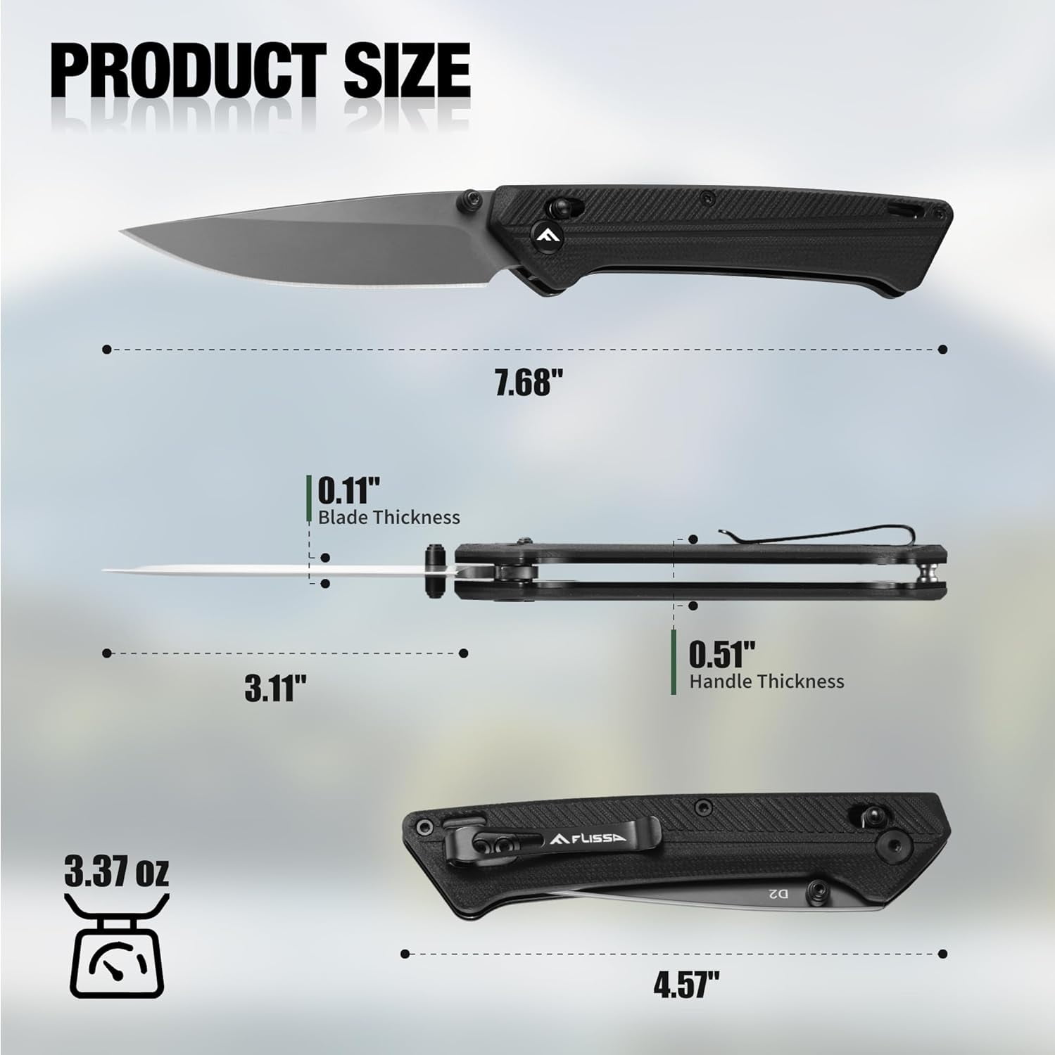 FLISSA Folding Pocket Knife, D2 Steel Blade with G10 Handle, EDC Utility Tool for Camping and Hiking (Black, 4.57 in) 0gqxu