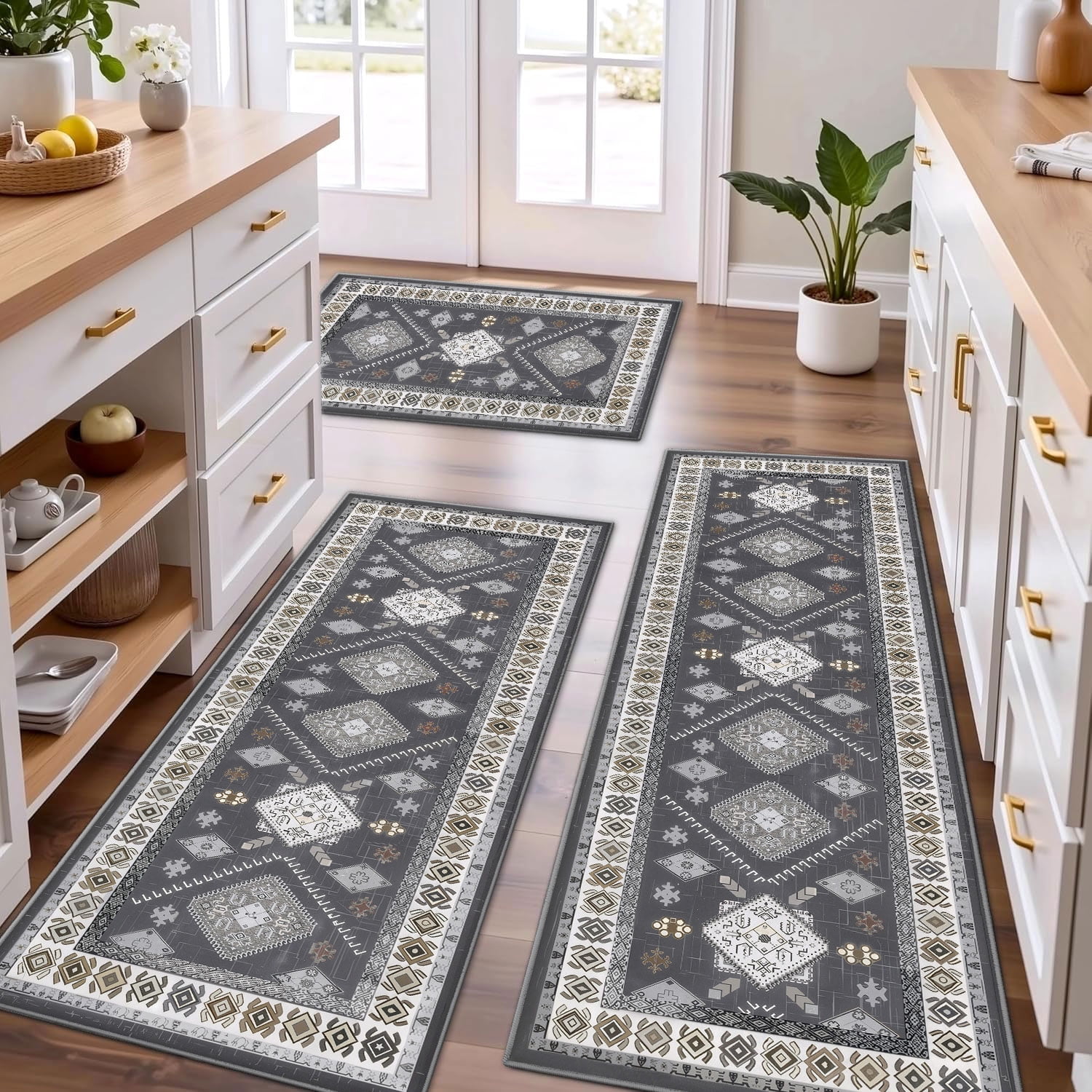 TECHVIDA 3-Piece Kitchen Rug Set, Non-Slip Machine Washable Farmhouse Floor Mats (Gray, 20 in x 32 in, 20 in x 47 in, 20 in x 59 in) 9y6vo