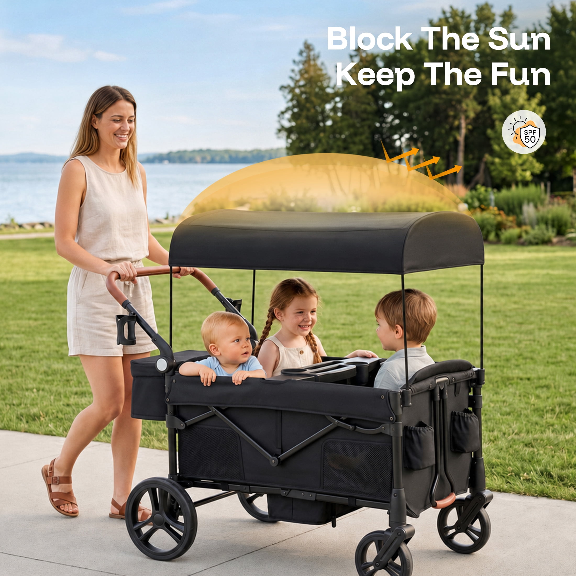 HARPPA Foldable Wagon Stroller for 4 Kids with 5-Point Harness and Canopy (Black) k8gyb - Image 4