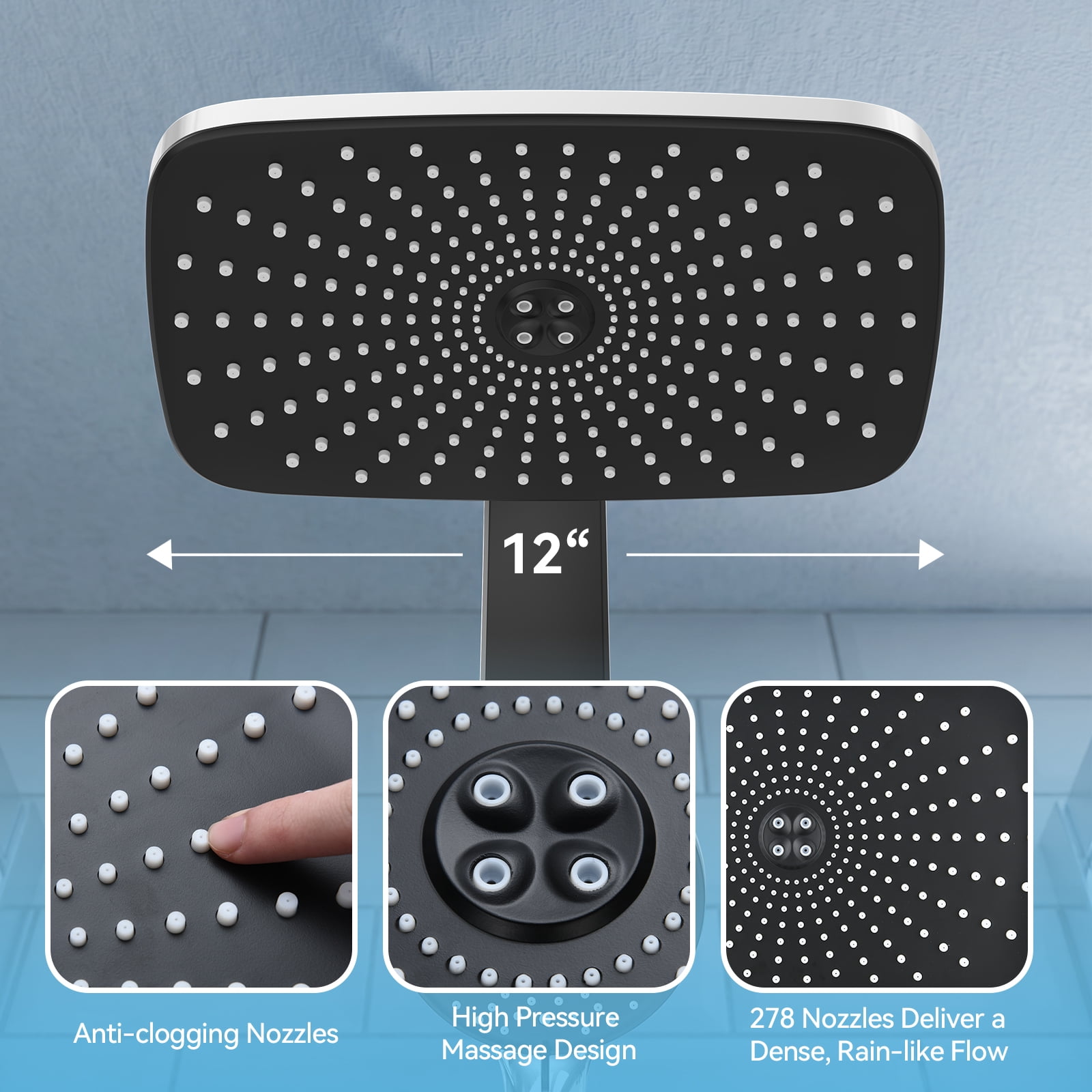 INAVAMZ 12 Inch High Pressure Rain Shower Head and 9-Spray Handheld Combo with Magnetic Docking (Matte Black, 60 in Hose) 0ys75