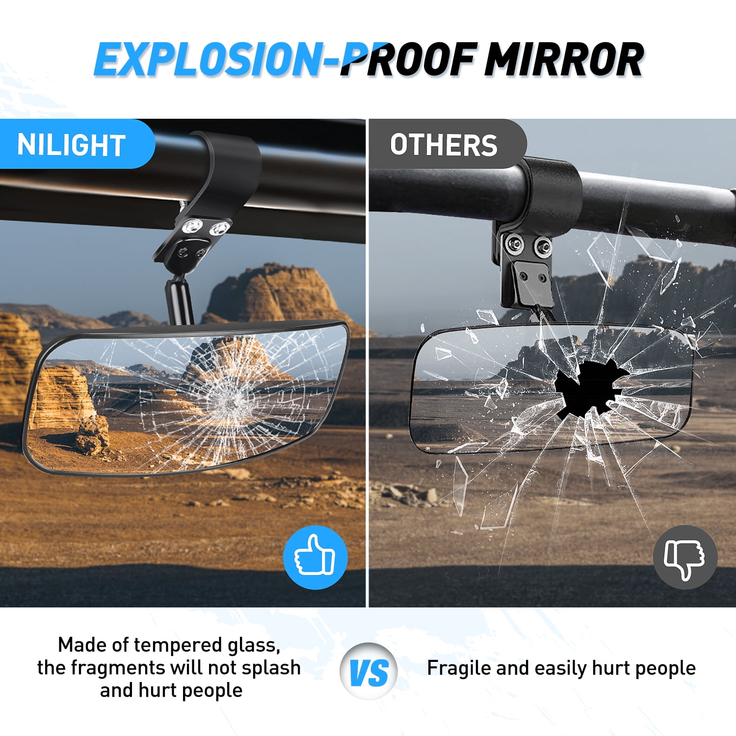 Nilight UTV Rear View Mirror 12 in Wide Convex Center Mirror with Adjustable 1.75 in to 2 in Clamps (Clear, 12 in) 3l24p