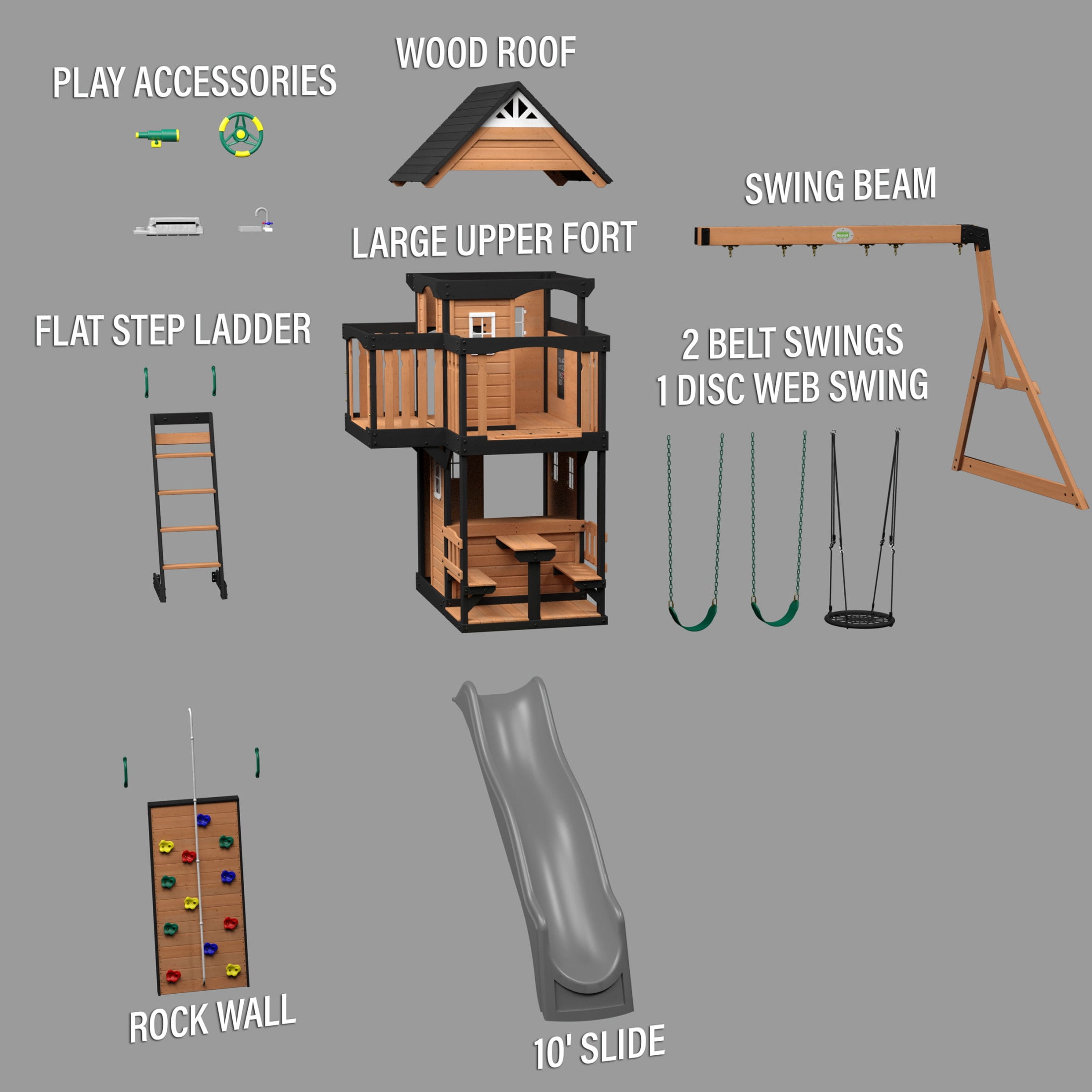 Backyard Discovery Canyon Creek Cedar Wood Swing Set with Clubhouse, Slide, and Rock Wall (Light Brown, 11-Child Capacity) jqat2