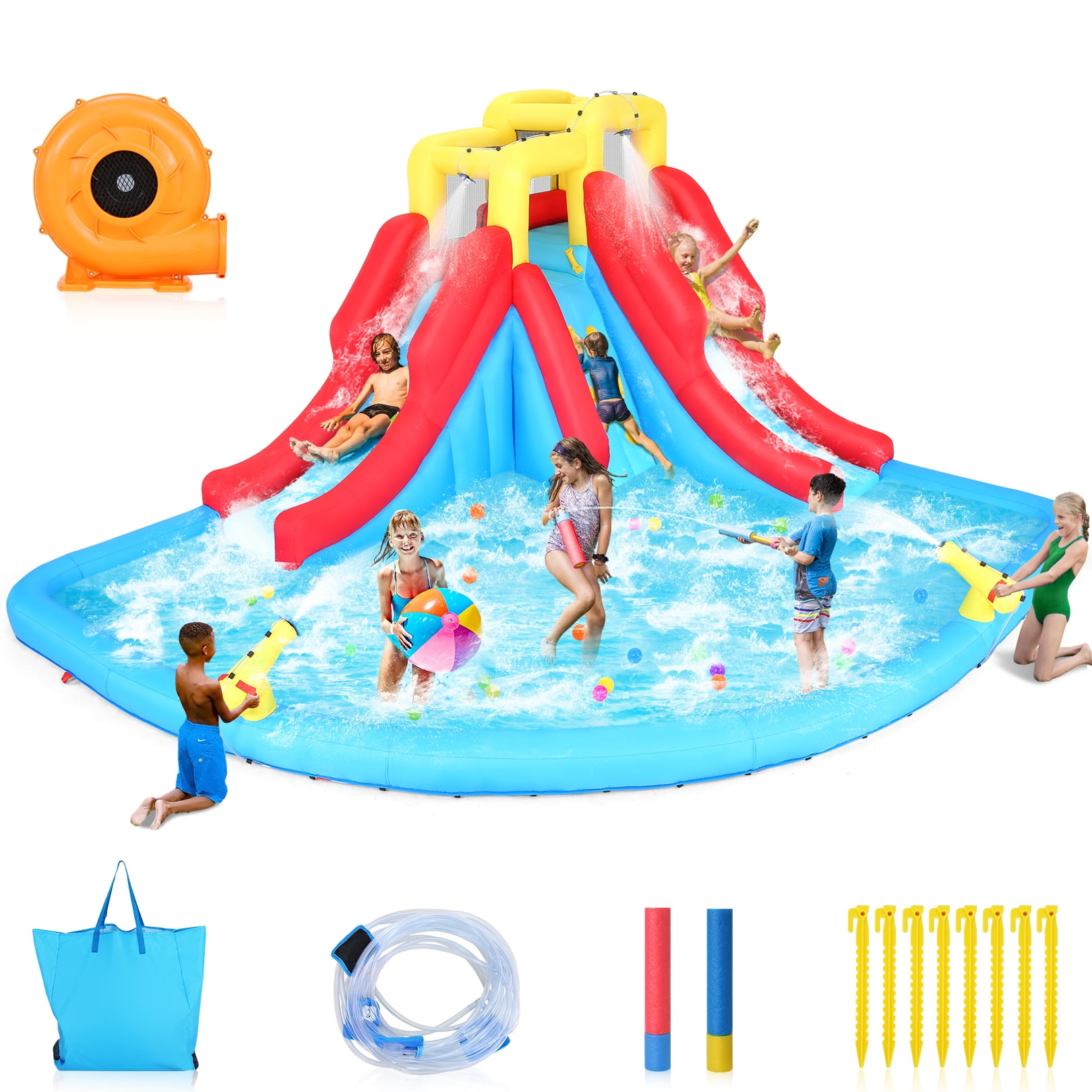 Veeboto Inflatable Water Slide Park with 440W Blower, Climbing Wall, Double Slides, and Splash Pool (Multicolor, 174 in x 152 in x 90 in) eocpf