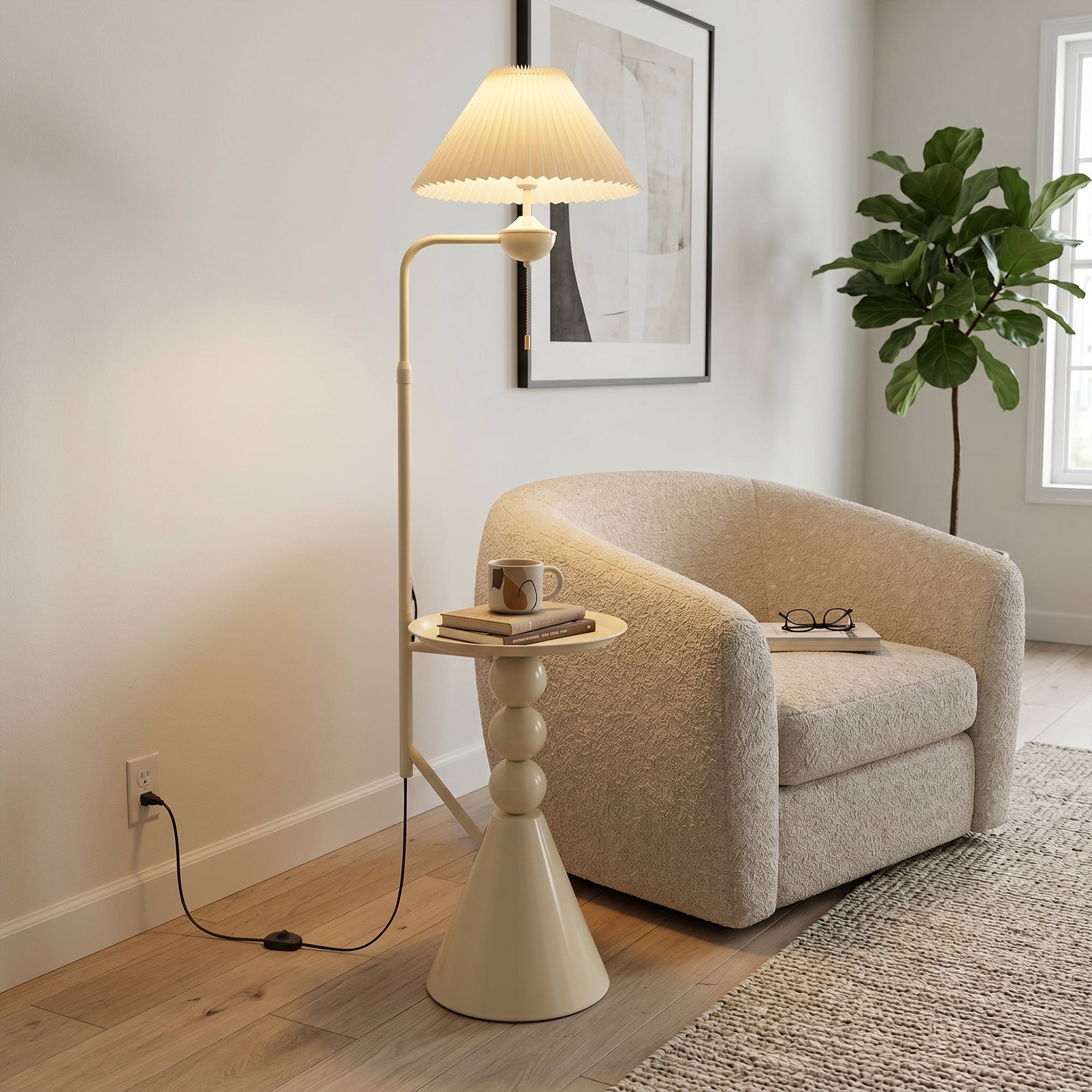 AFANQI Nordic Minimalist Floor Lamp with Integrated Side Table (Cream, 70 in Height) 7z7qk