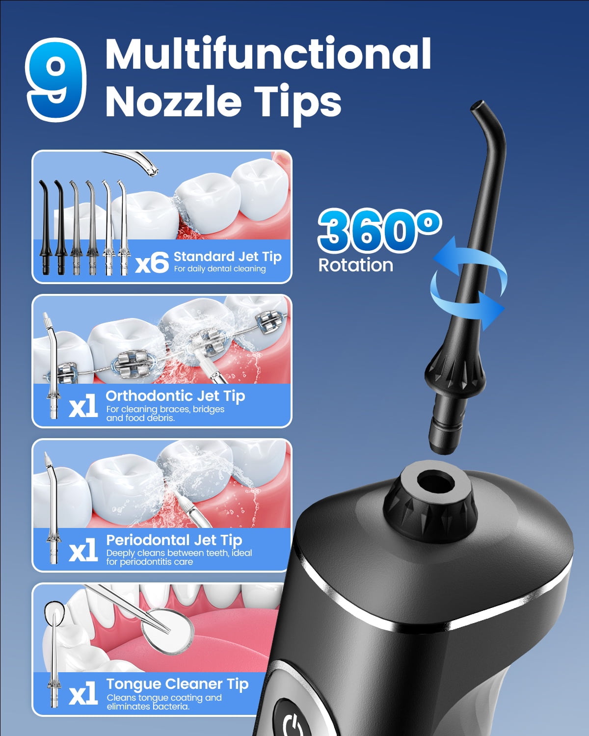 JTF Cordless Water Flosser for Teeth, Portable Oral Irrigator with 10 Pressure Levels and 9 Tips (Black, 10.14 fl oz) gkah9