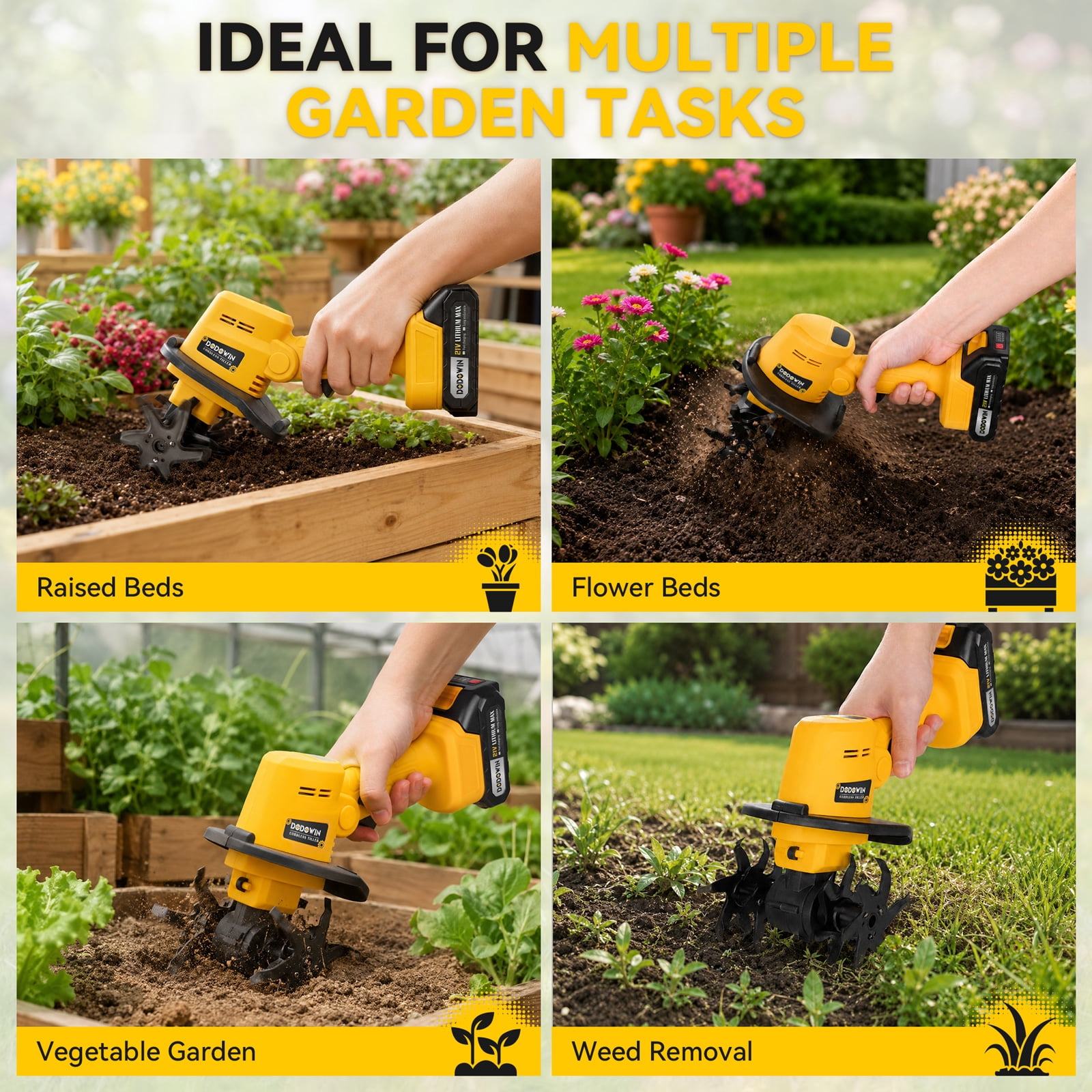 Dodowin Cordless Power Tiller, Lightweight Electric Cultivator for Garden Soil Preparation (1 Battery, 1 Charger) b2hta