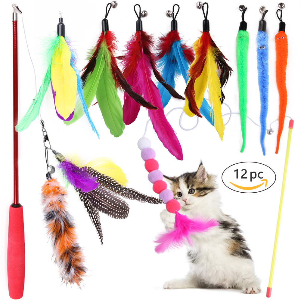 GYDEK Interactive Cat Wand Toy Set, Retractable Fishing Pole with 12 Feather and Worm Refills (13.4 in to 39.4 in) k2pj4