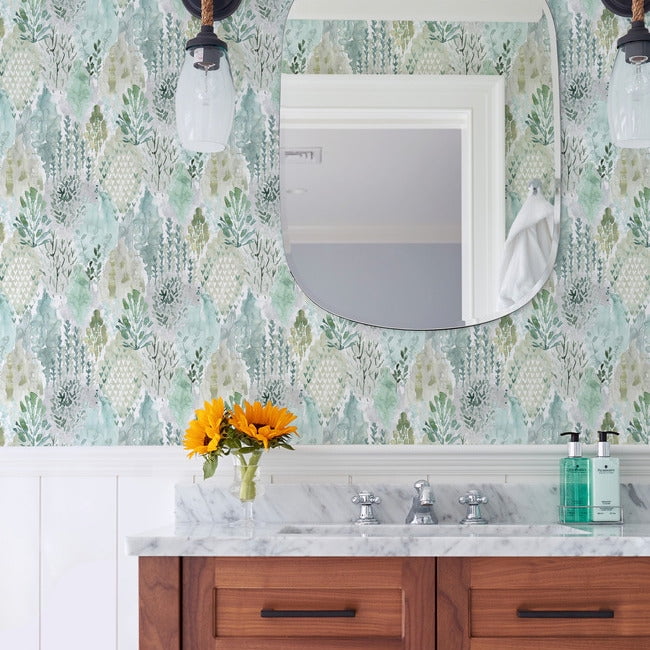 RoomMates Watercolor Tree Mosaic Peel and Stick Wallpaper (Green, 20.5 in x 18 ft) lboli