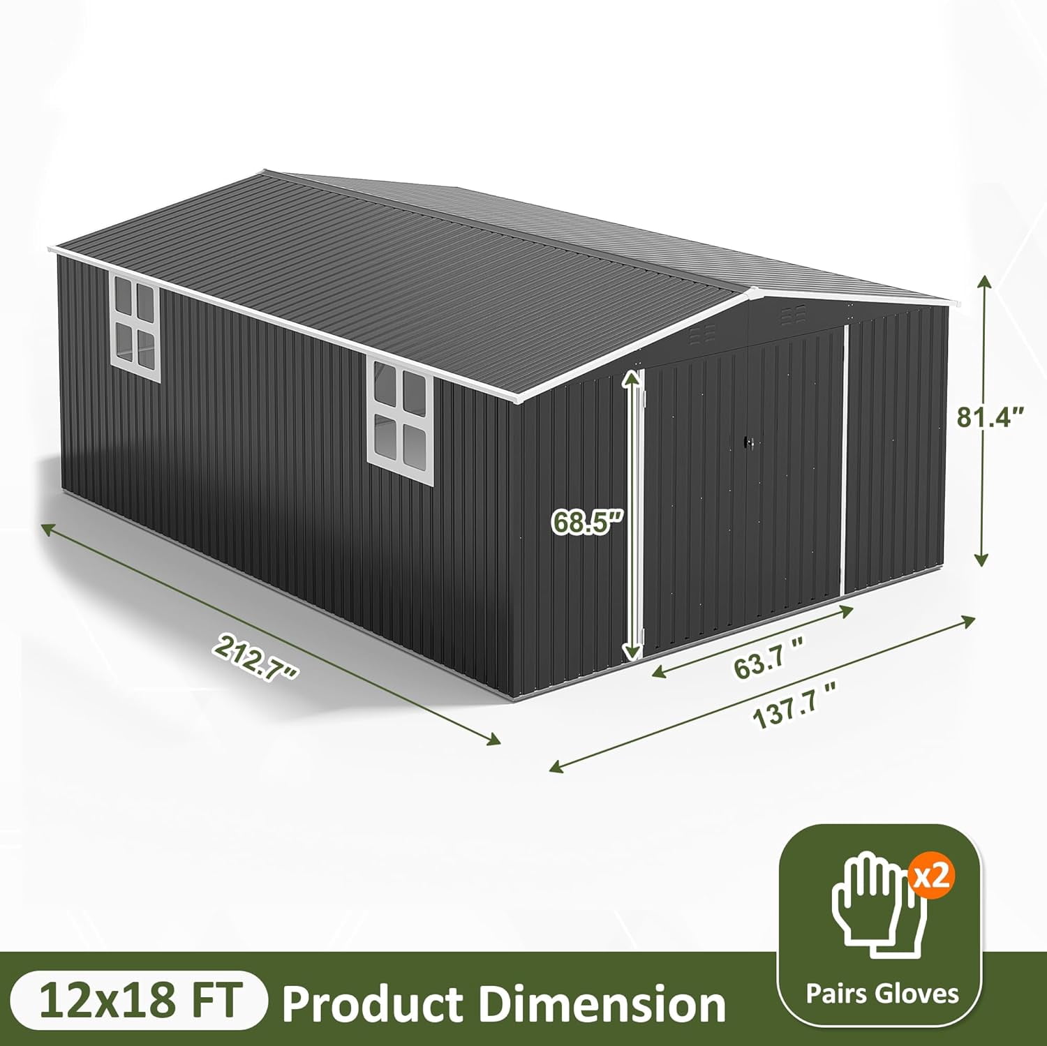 NETAJE Outdoor Metal Storage Garden Shed, Heavy-Duty Backyard Tool Organizer with Lockable Doors and Windows (Black, 12 ft x 18 ft) hcax7