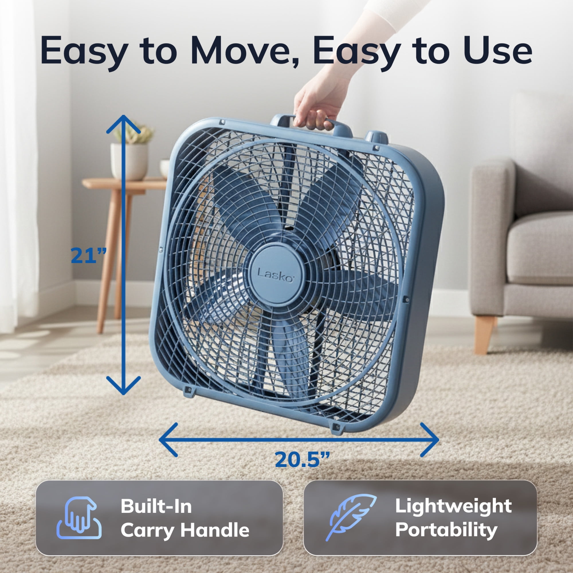 Lasko 20 in Cool Colors Classic Box Fan, Portable Floor or Window Cooling Fan with 3 Speeds (Laguna Blue, 20 in) f4r3m