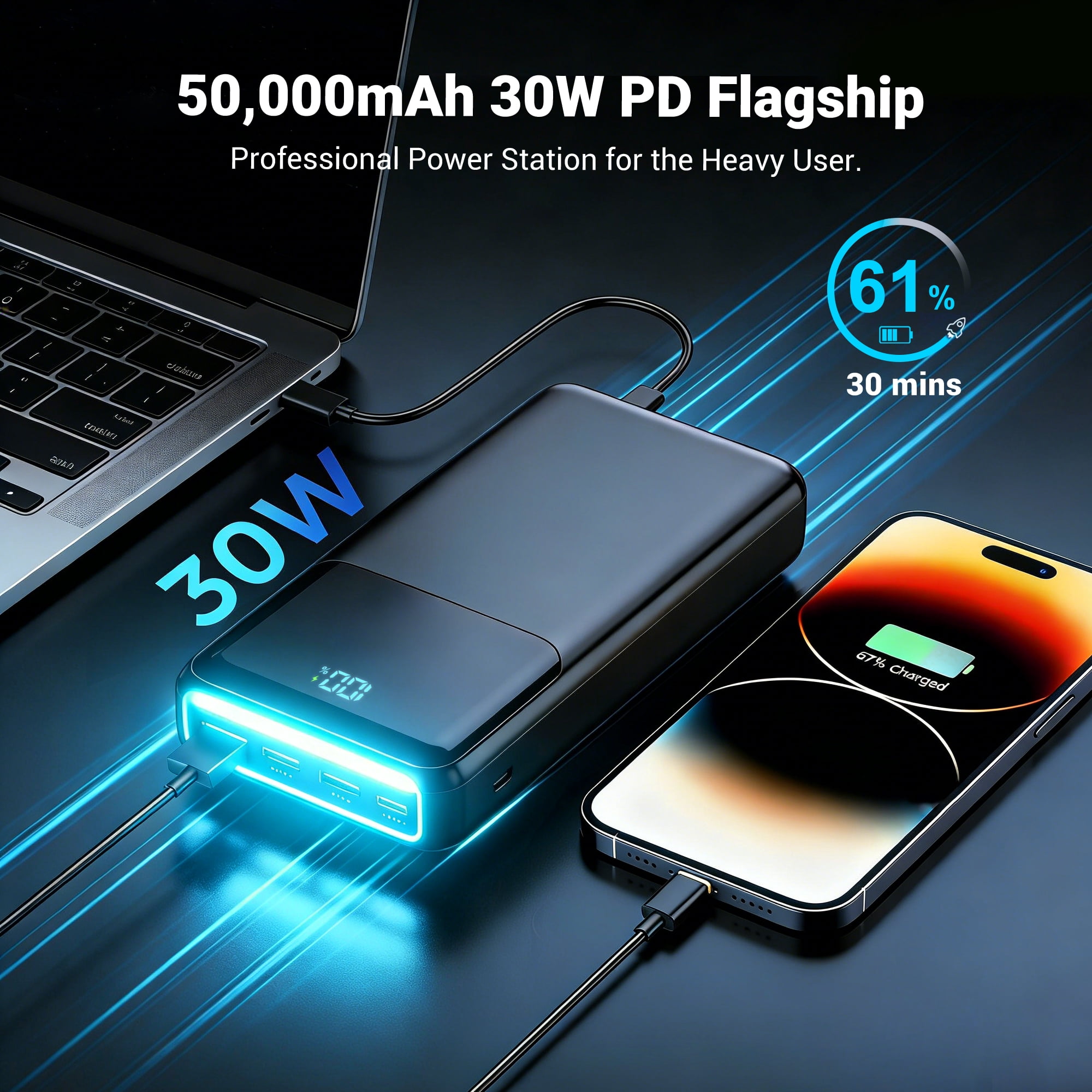 Tilnce 50000mAh Portable Power Bank (30W PD Fast Charging, Black, 1 Pack) q28a4
