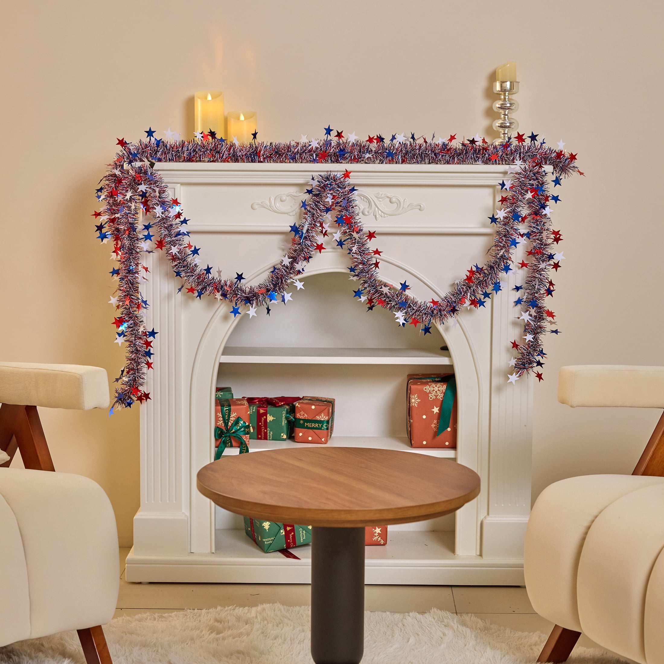 DR.Planzen Patriotic Tinsel Garland for Independence Day Decoration (Red White Blue, 3 Pack 9 ft) uue0t