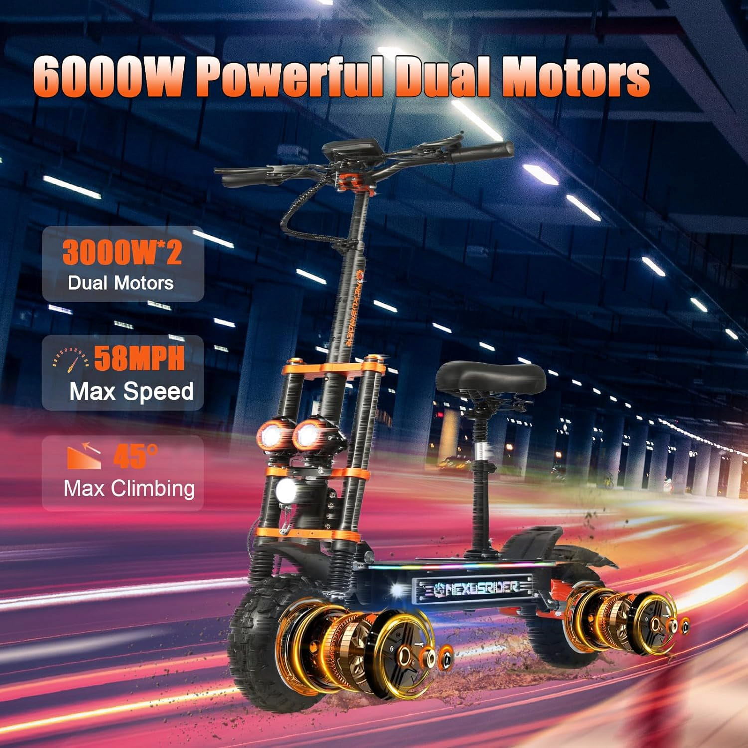 Geartist Electric Scooter for Adults, 6000W Dual Motor Off-Road Commuter, 58 MPH Max Speed, 60 Miles Range, 11-inch All-Terrain Tires (Orange, 60V 35Ah) 68db2