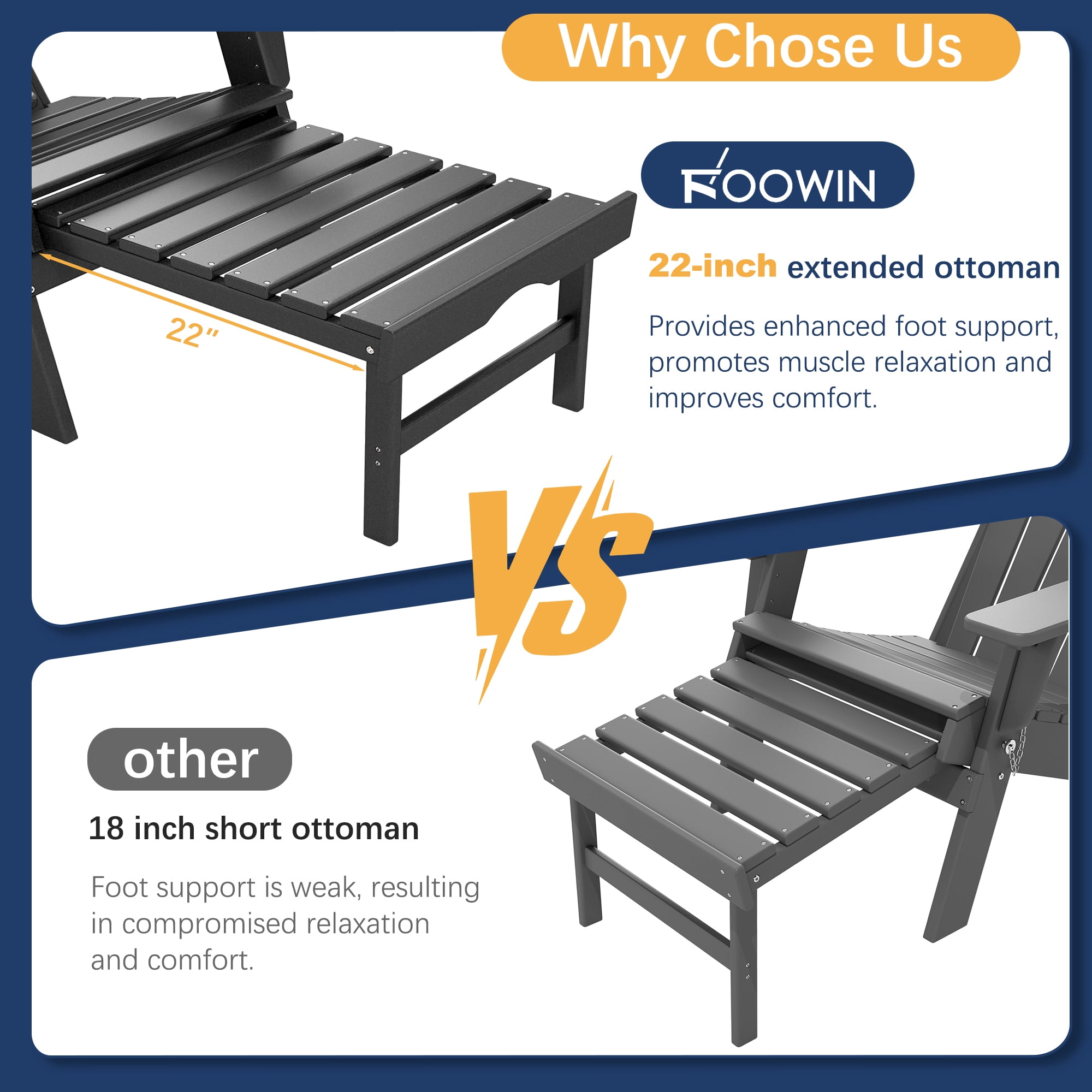 FOOWIN Folding Adirondack Chair with Retractable Ottoman, Adjustable Backrest HDPE Patio Chair with Cup Holder Tray (Black) ltl1r
