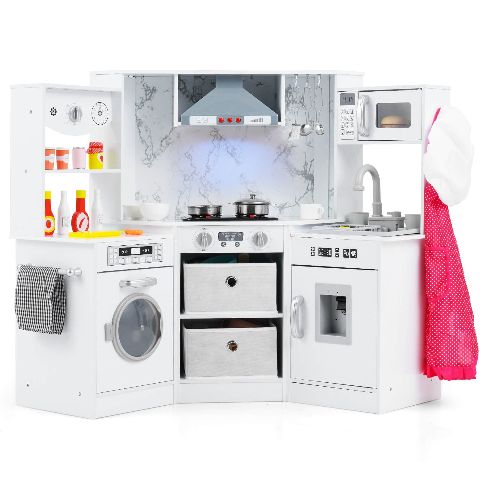 Costway Wooden Kids Play Corner Kitchen Set with Realistic Lights and Sounds (White, 36 in x 36 in x 36 in) xwfi8