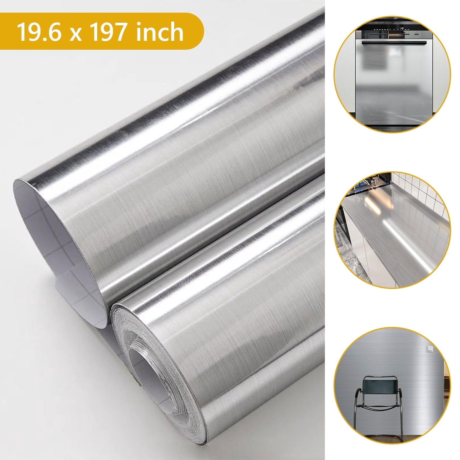 Tripumer Stainless Steel Contact Paper, Peel and Stick Vinyl Film for Kitchen Appliances and Countertops (Silver, 19.6 in x 197 in) ottr6