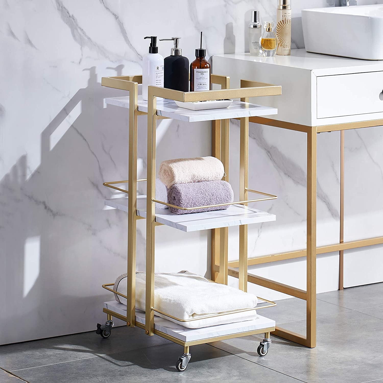 BarberPub 3 Tier Rolling Utility Cart, Heavy-Duty Metal Storage Trolley for Salon and Home (White, 16.9 in x 13 in x 29.9 in) 8uvmn