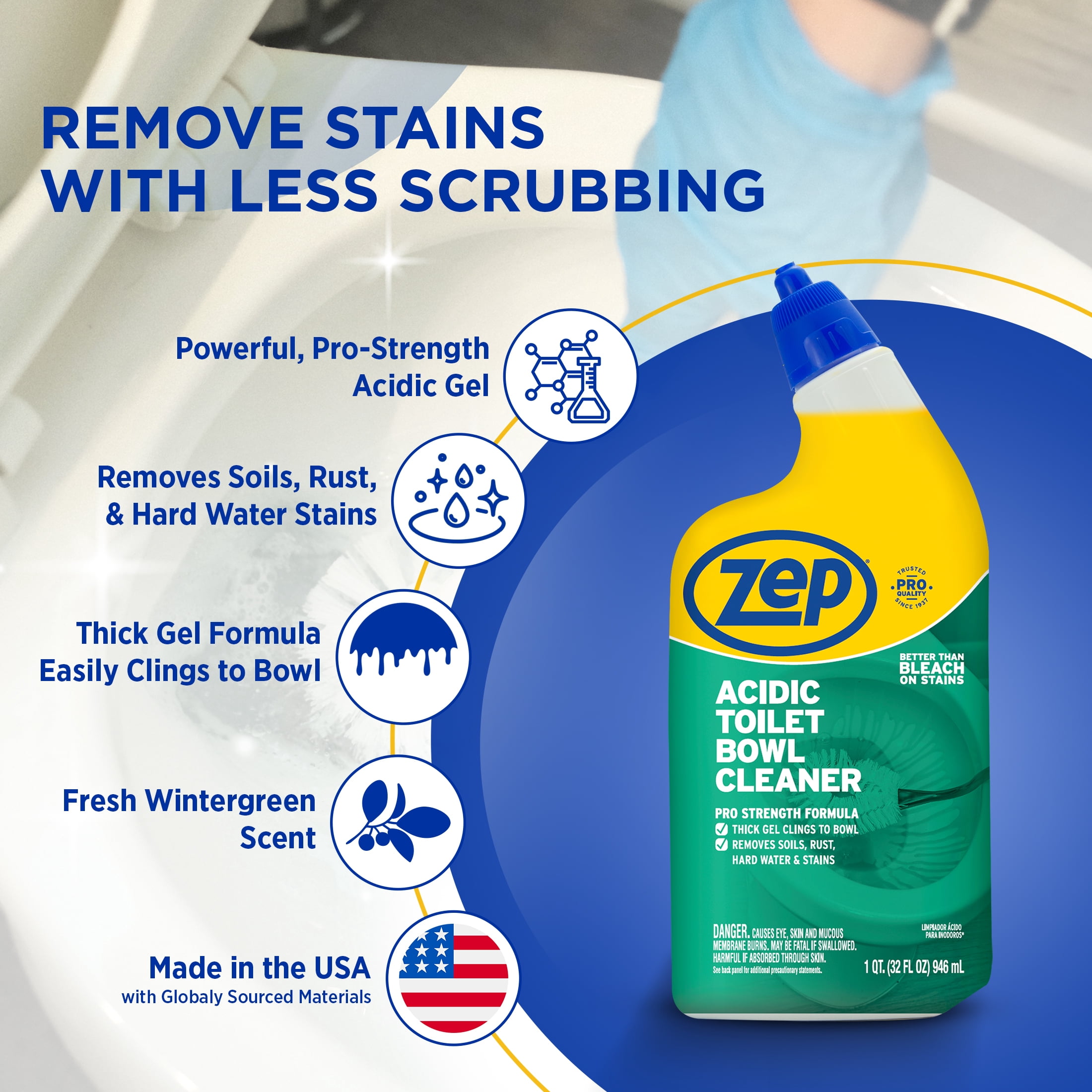 Zep Pro Strength Acidic Toilet Bowl Cleaner, Deep Cleaning Gel for Hard Water and Rust (Green, 32 fl oz) tjt5b