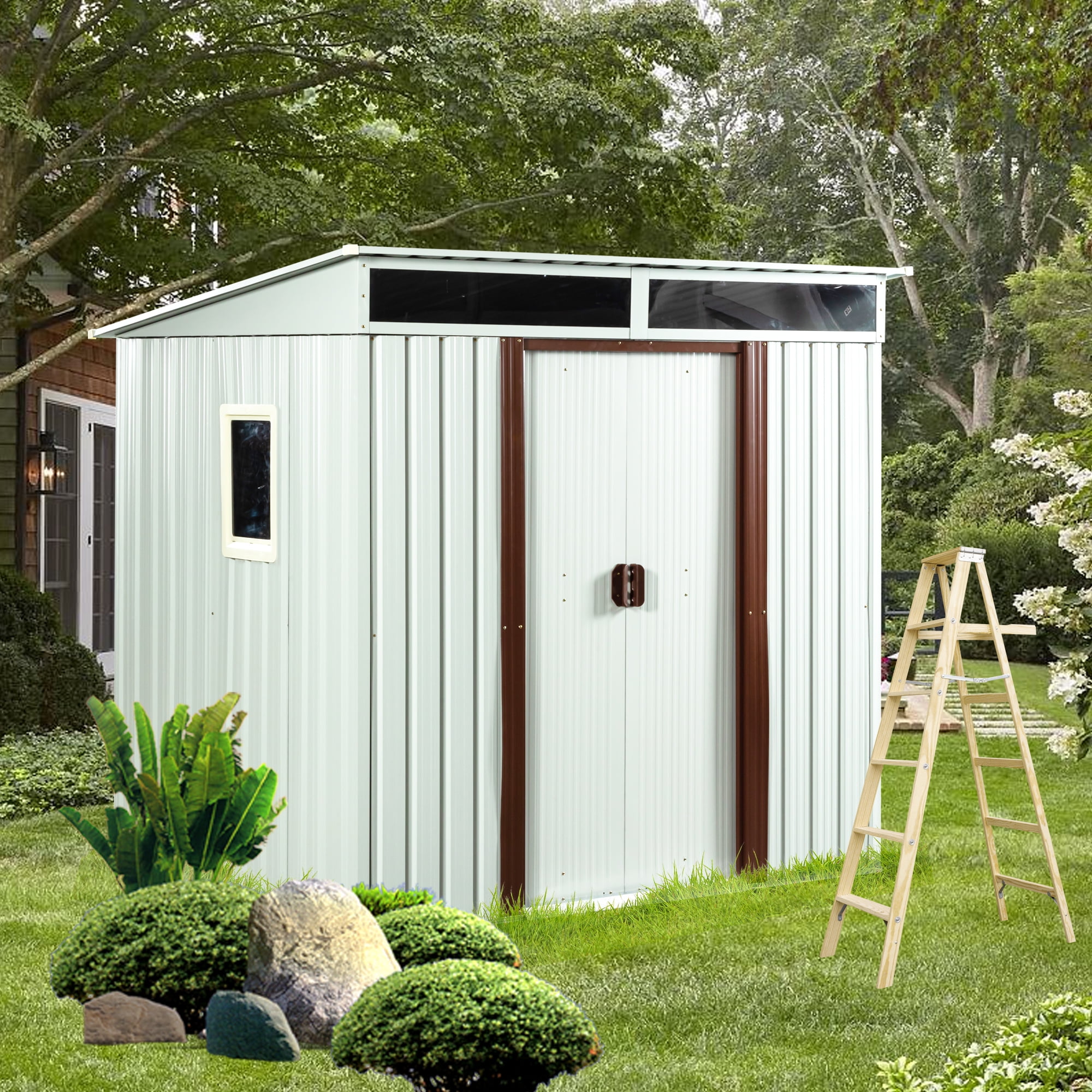 GUTALOR Outdoor Metal Storage Shed, Weather-Resistant Garden Tool House with Window and Sliding Door (White, 6 ft x 5 ft) 6xa73