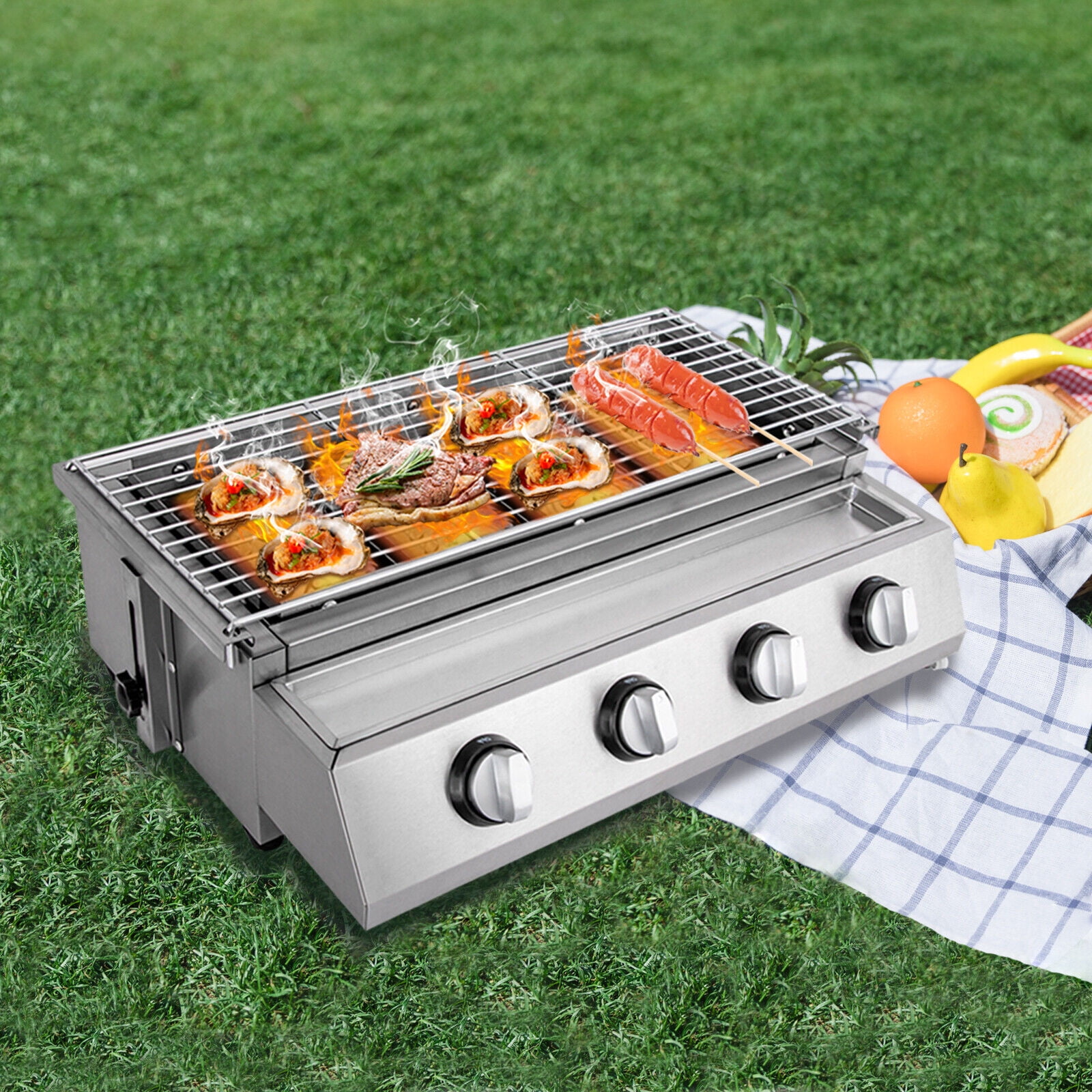 TOOL1SHOoo 4 Burner Gas BBQ Grill Stainless Steel Portable Outdoor Cooking Stove (Silver, 22.6 in x 16.7 in x 7.9 in) ton76